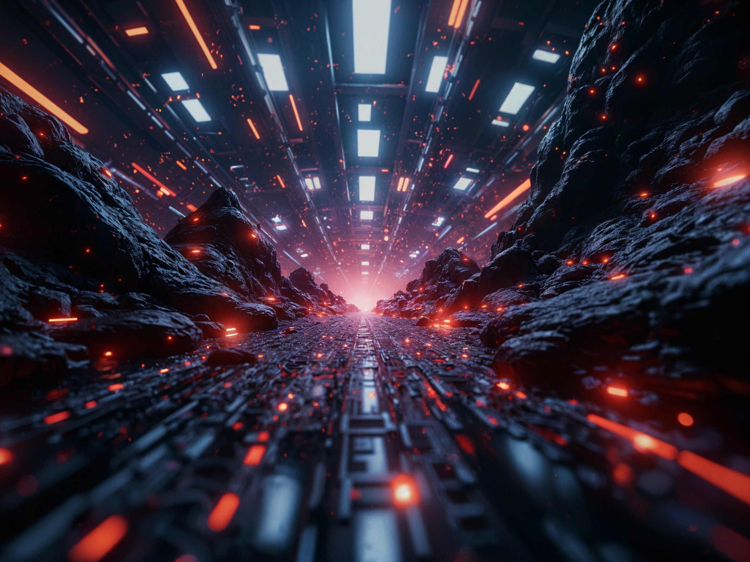 Futuristic Landscape with Dark Terrain and Ethereal Light