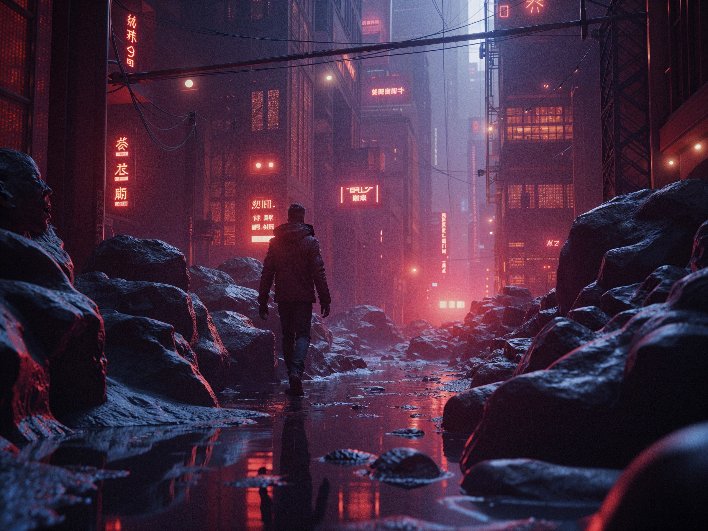 Cyberpunk Cityscape with Neon Signs and Mist