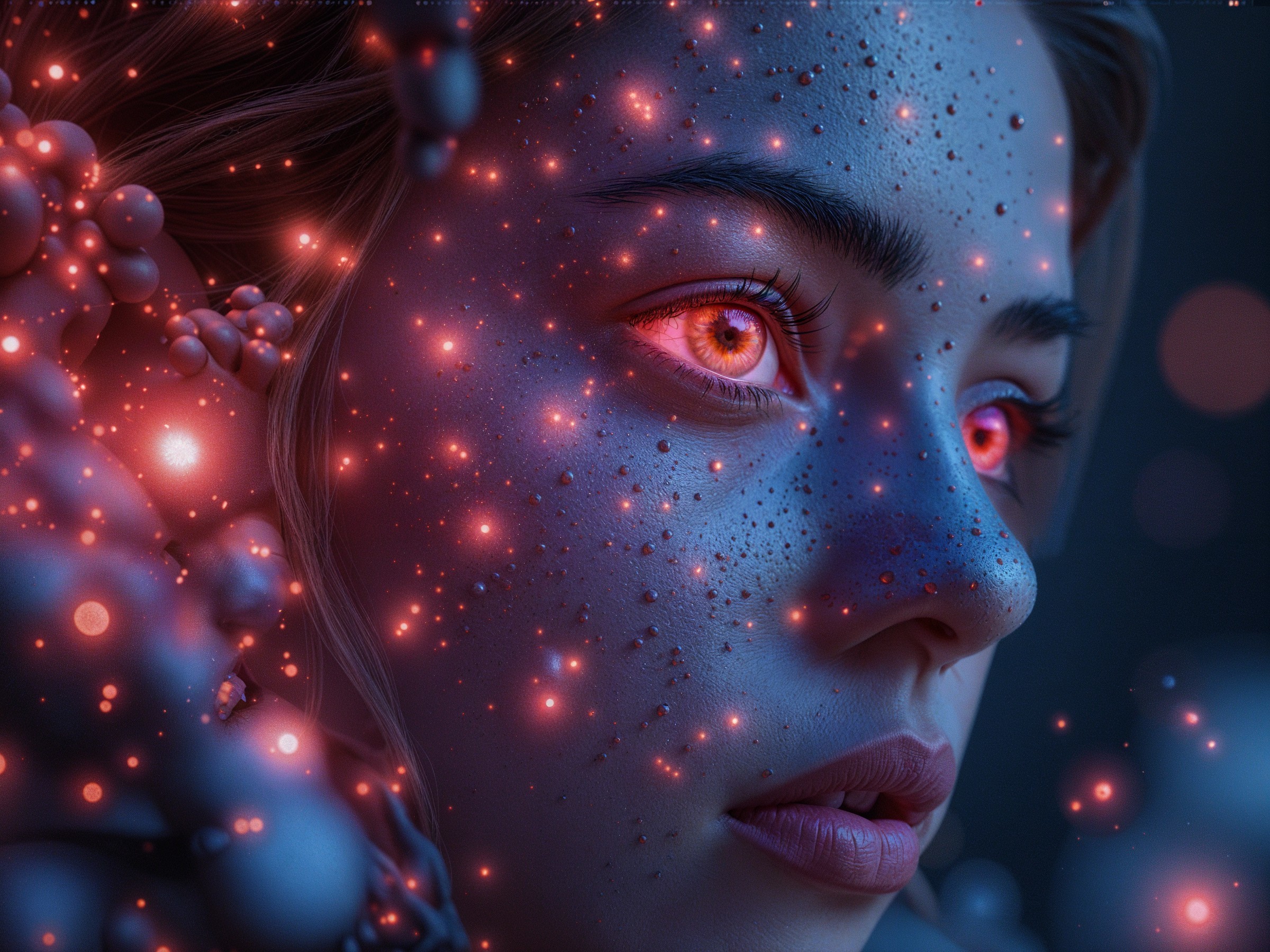 Close-up of a face with glowing red eyes and freckles