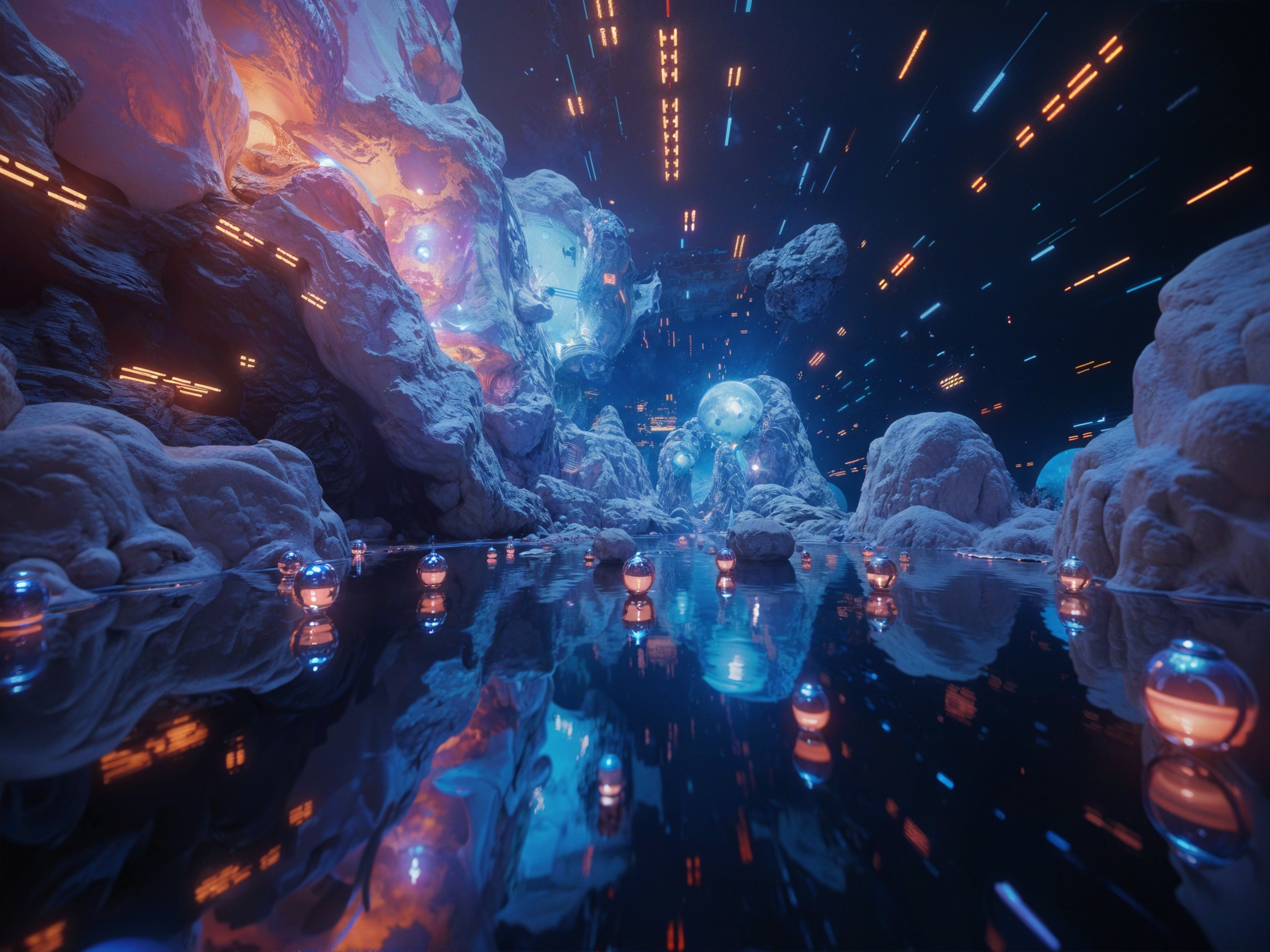 Otherworldly Landscape with Luminous Rocks and Orbs