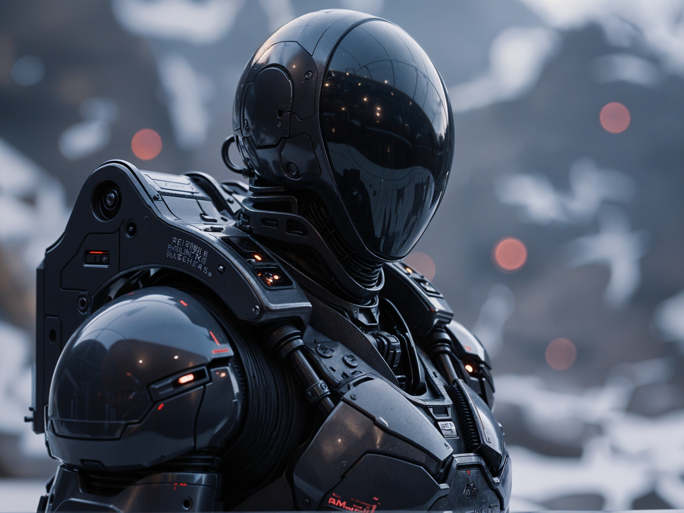 Futuristic robot in advanced exosuit in snowy landscape
