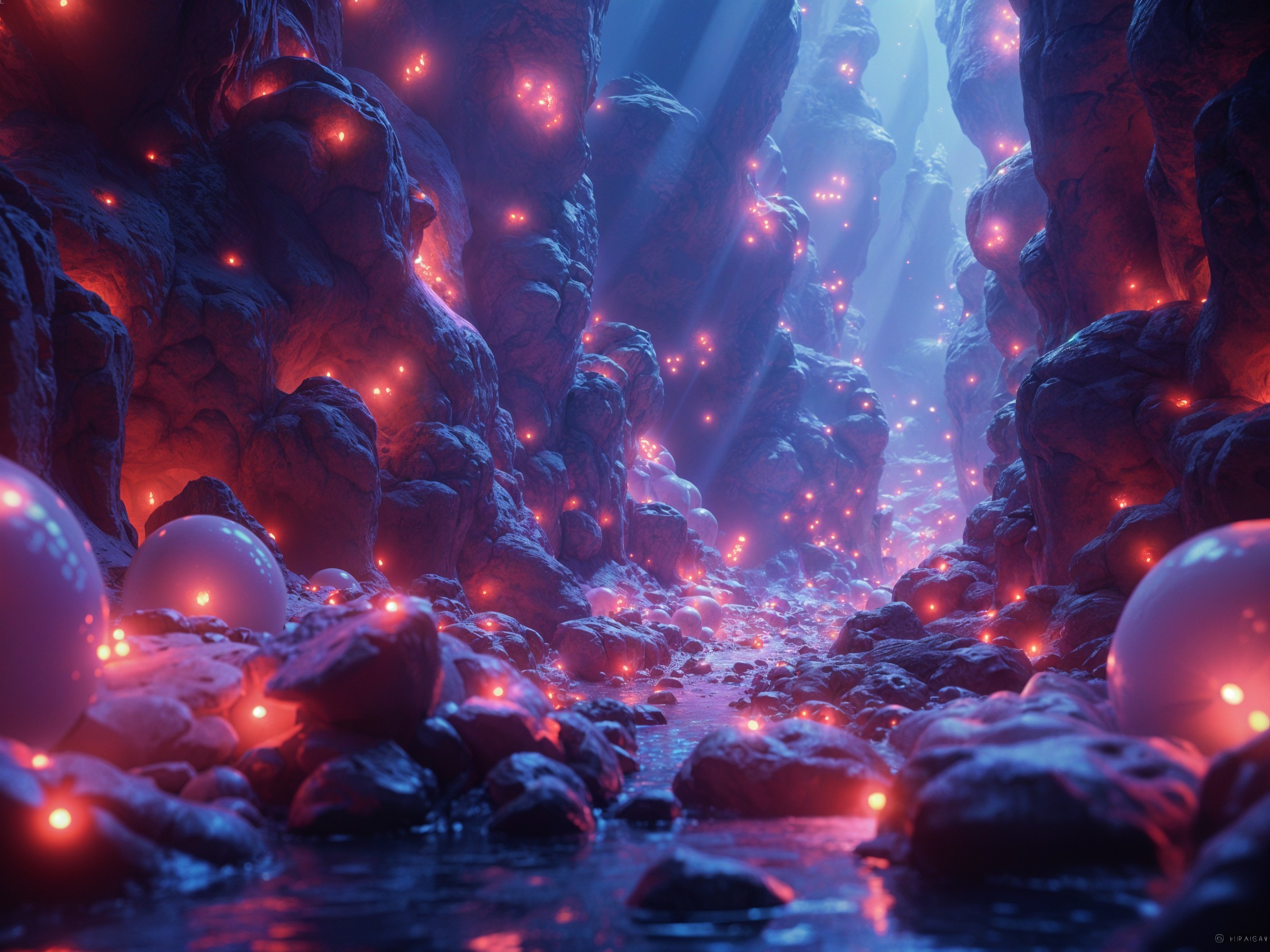 Surreal Canyon with Glowing Orbs and Luminous Rocks