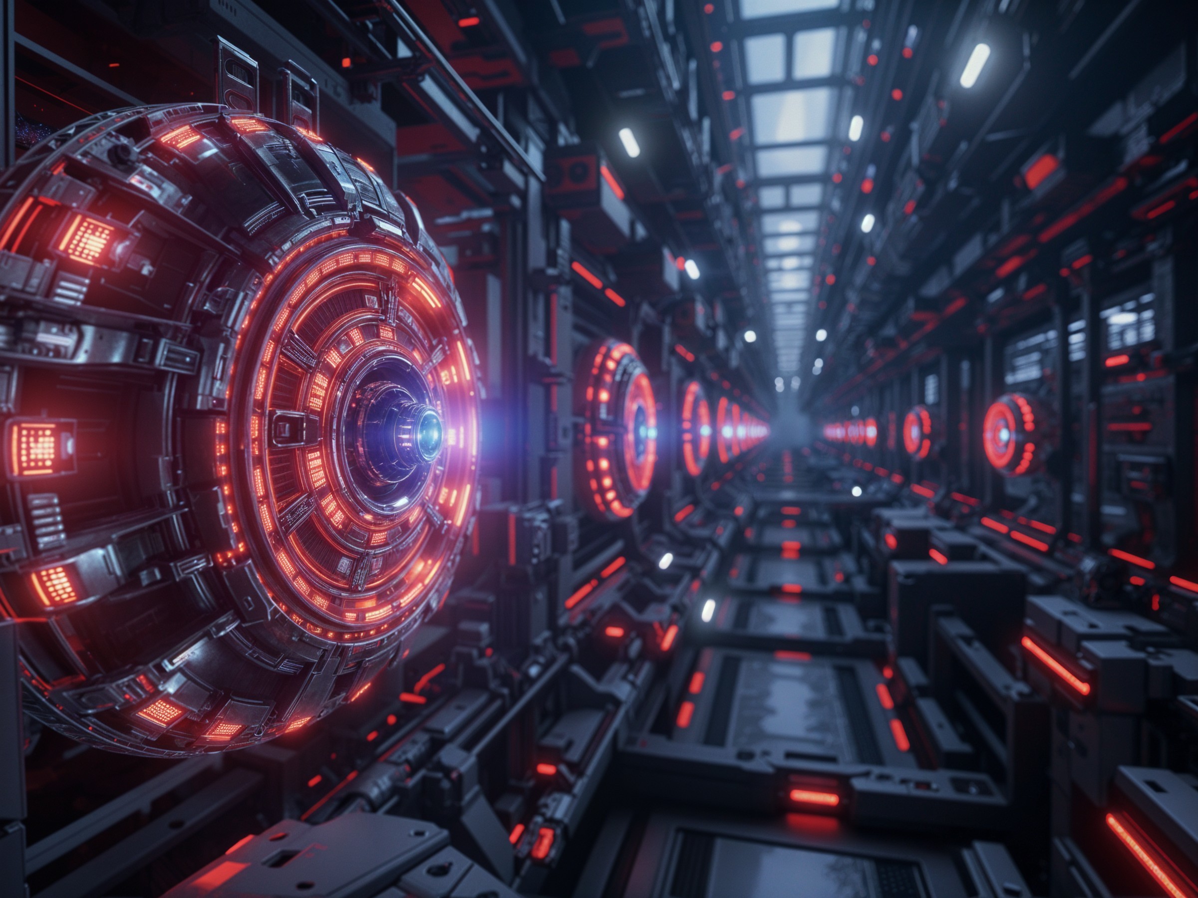Futuristic corridor with glowing red spheres and tech