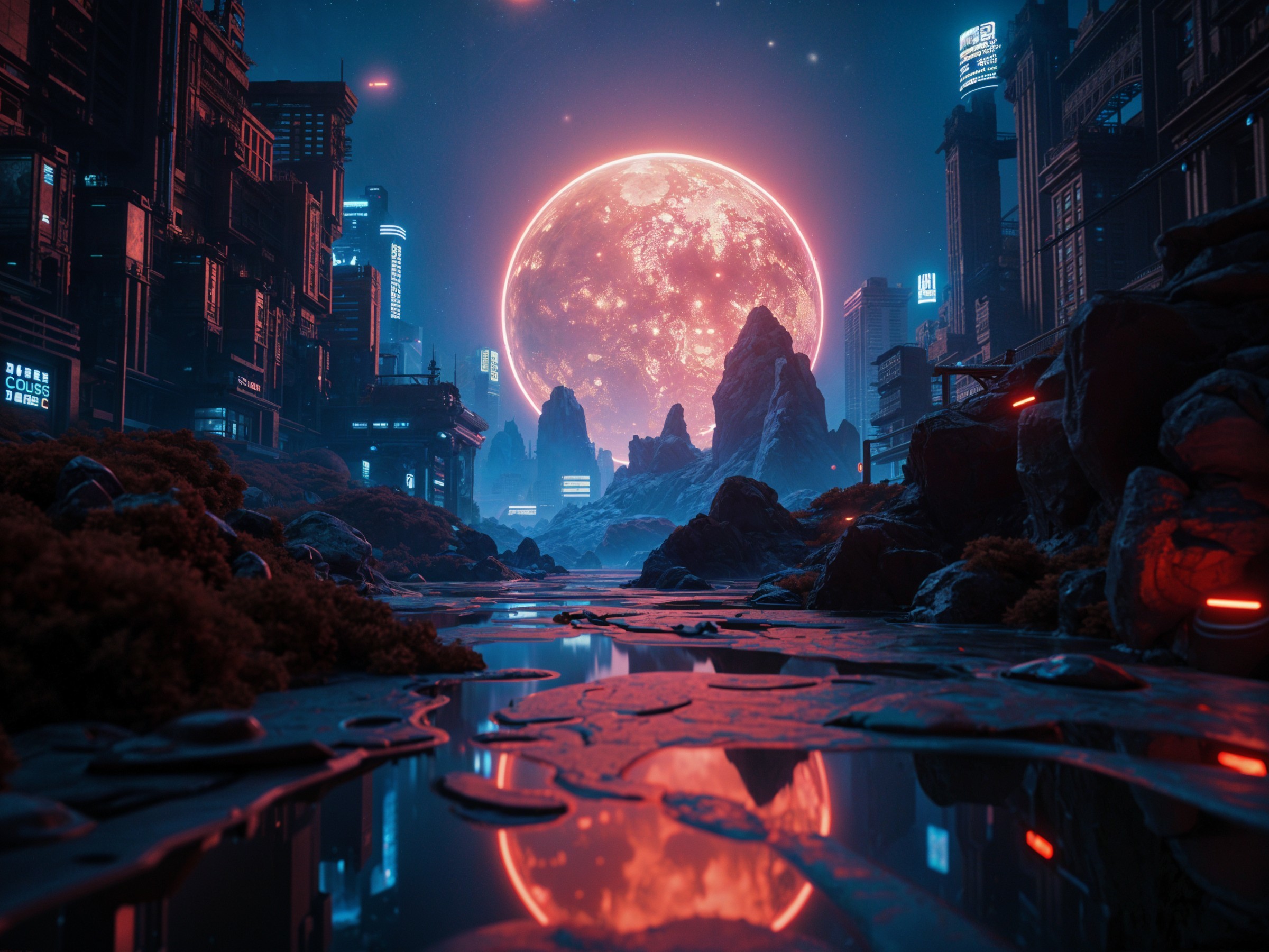 Futuristic cityscape under a glowing moonlight