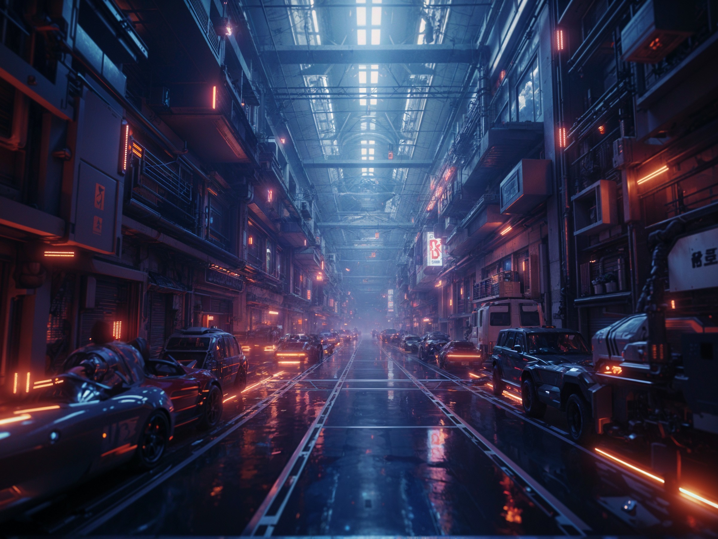 Futuristic Rain-Soaked Cyberpunk Street Scene