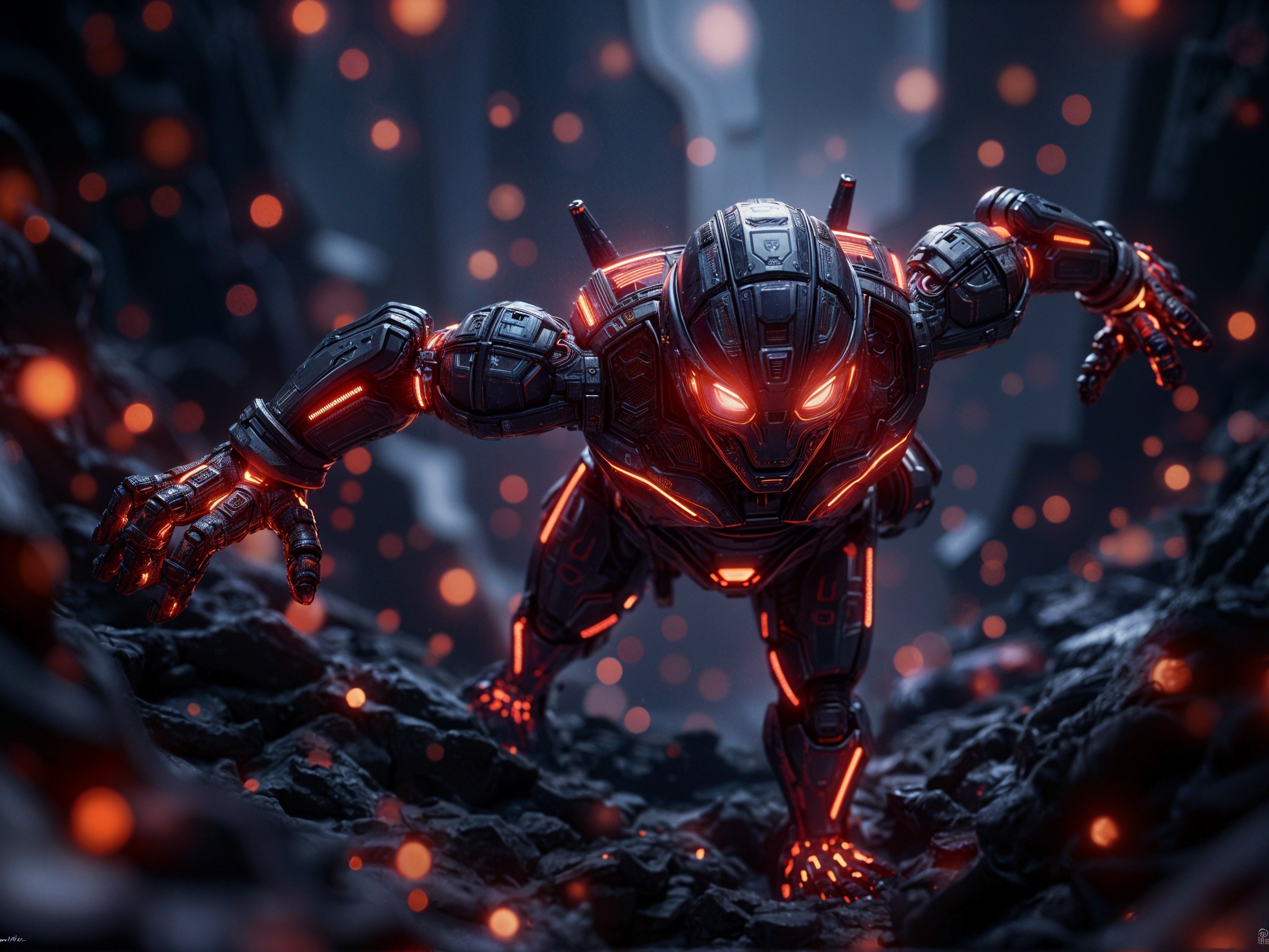 Futuristic robotic figure in a dark rocky setting