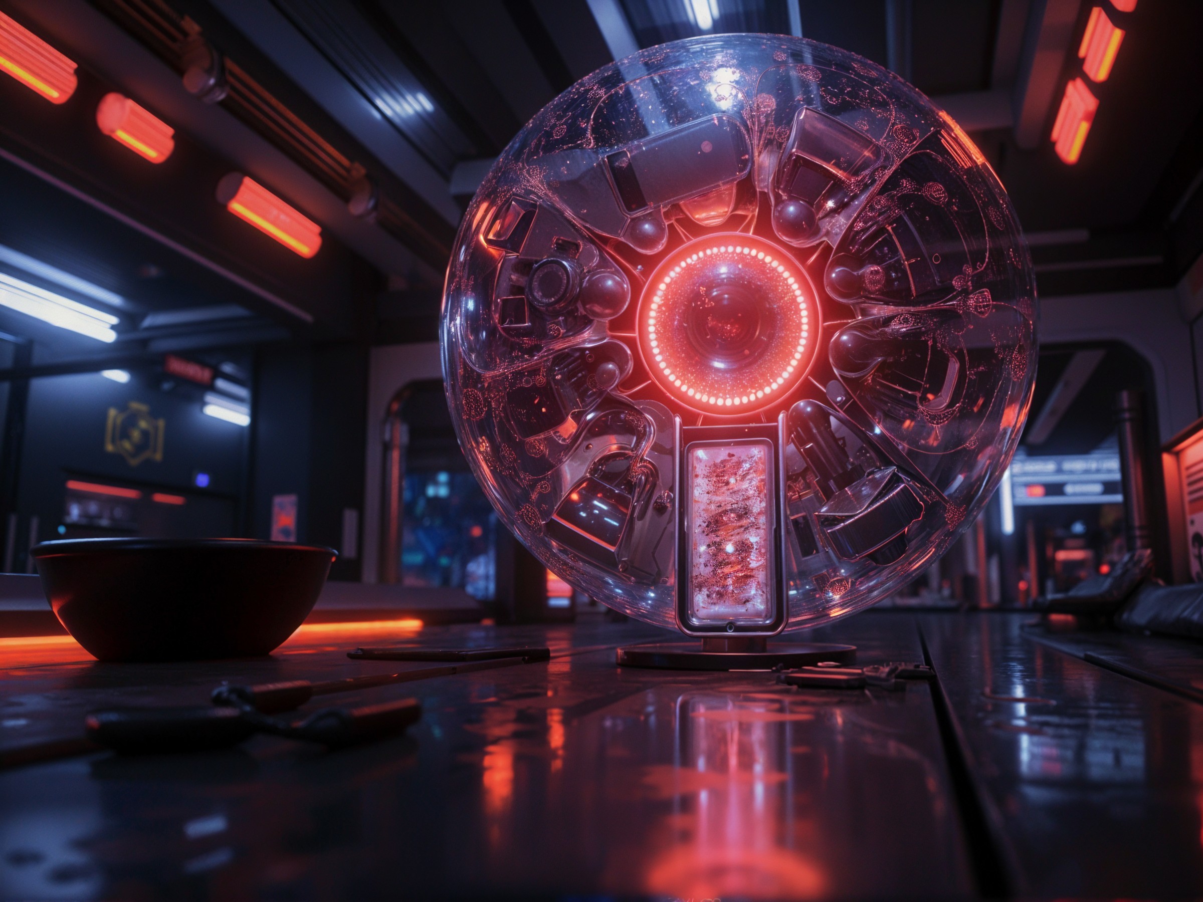 Futuristic Orb in High-Tech Environment with Neon Lights