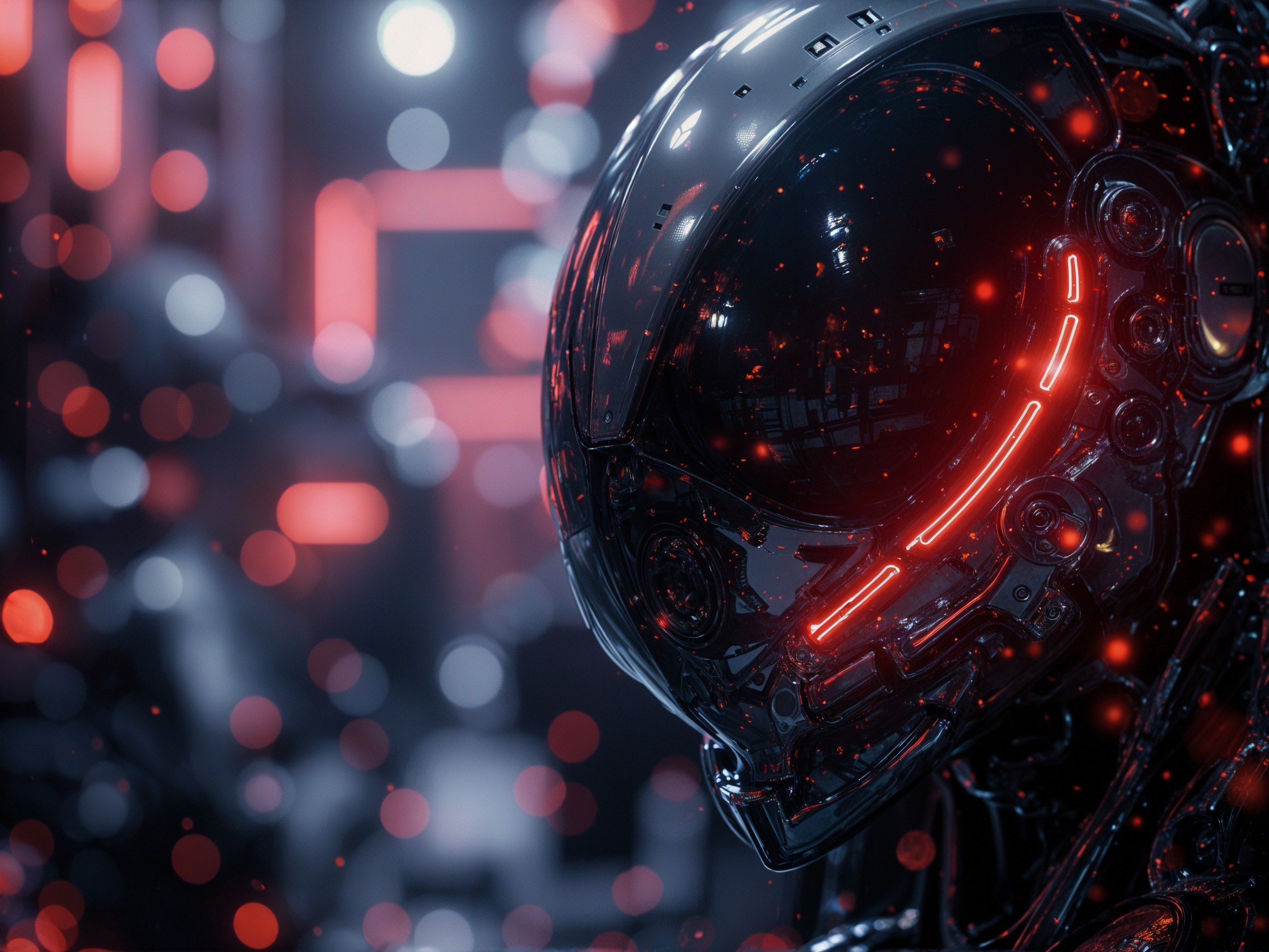 Futuristic robotic helmet with glowing red accents