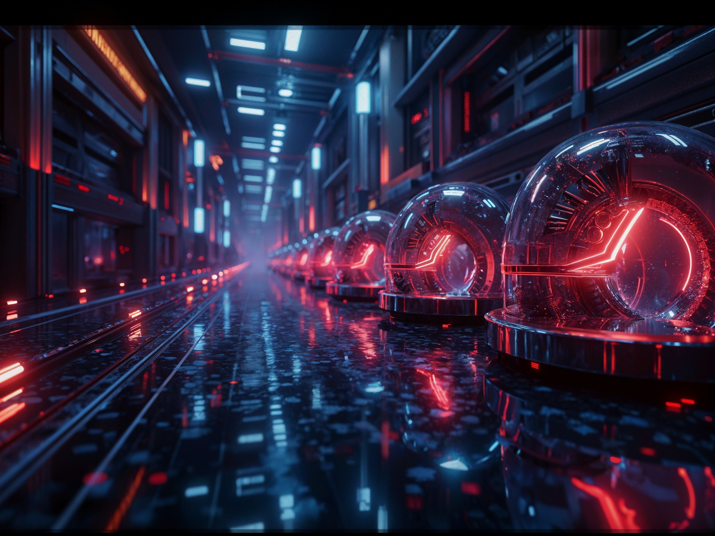 Futuristic corridor with glowing orbs and neon lights