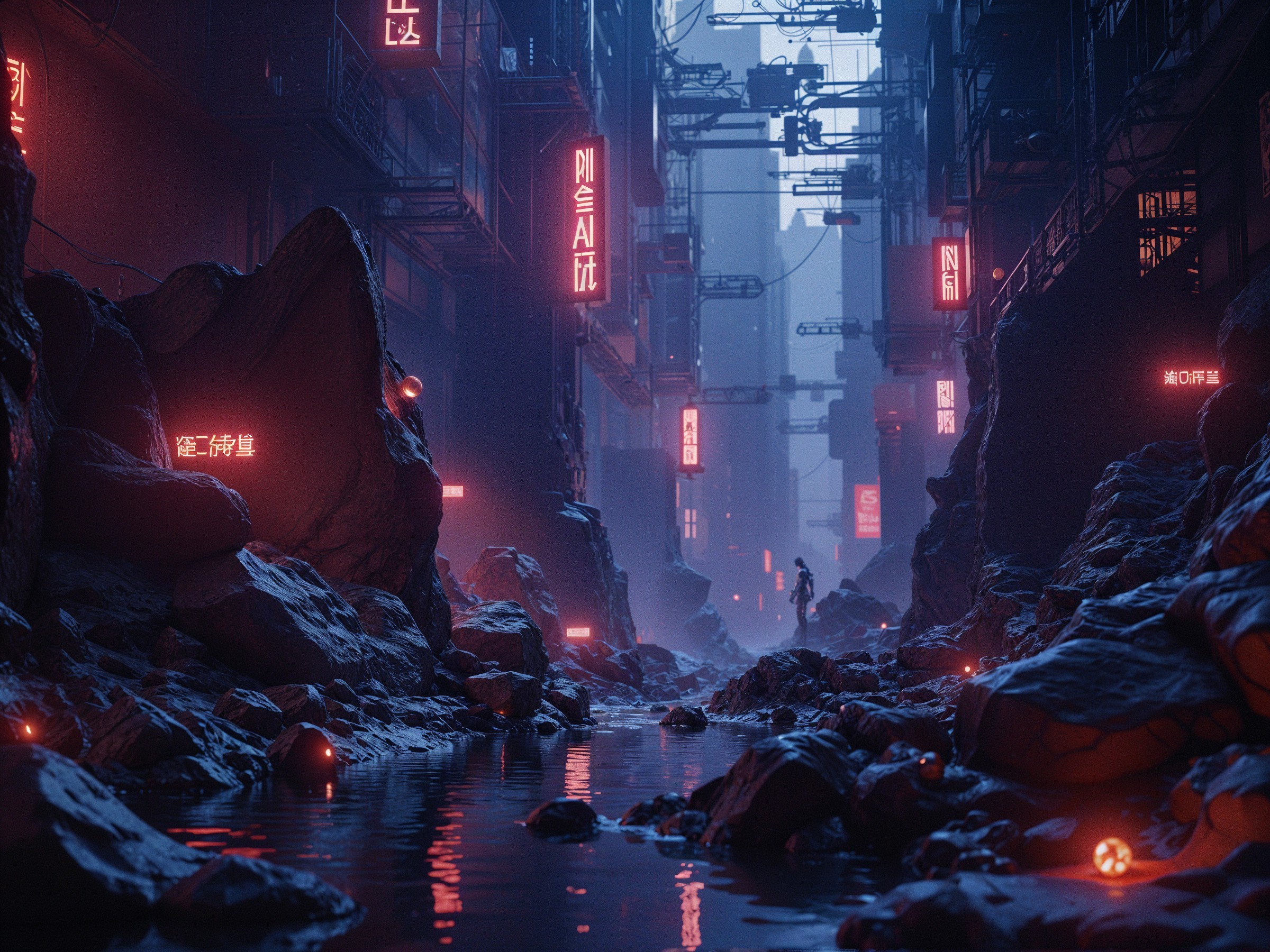 Futuristic Urban Landscape with Neon Signs and Mist