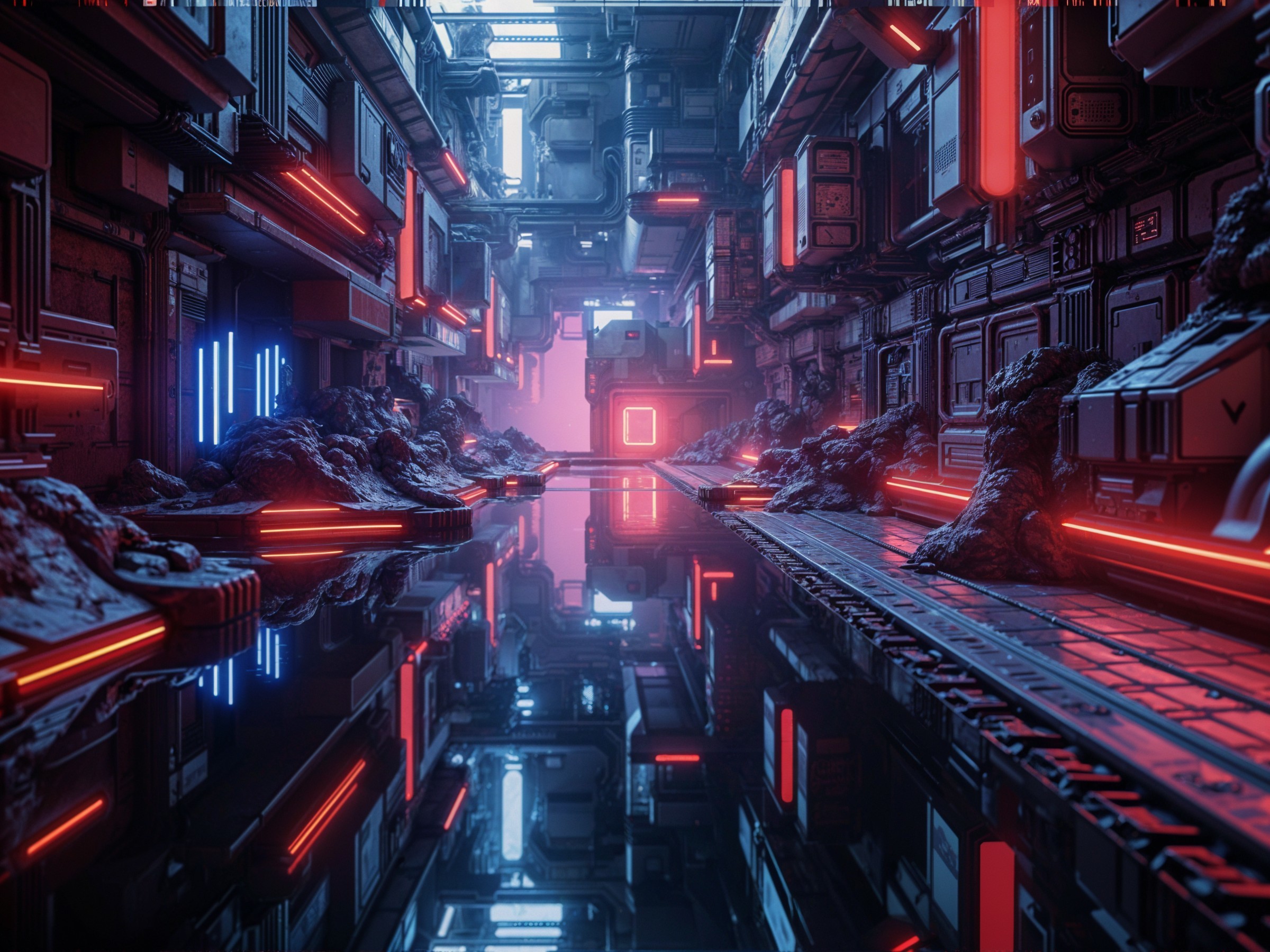 Futuristic corridor with metallic walls and neon lights