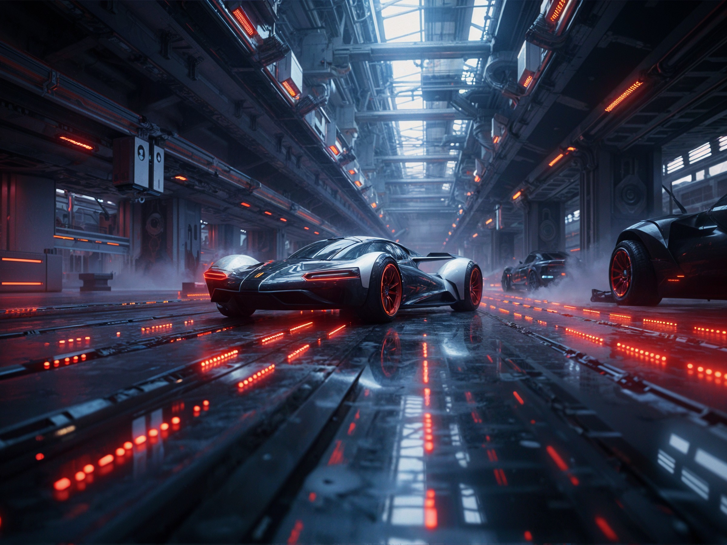 Futuristic Car in High-Tech Garage with Neon Lights