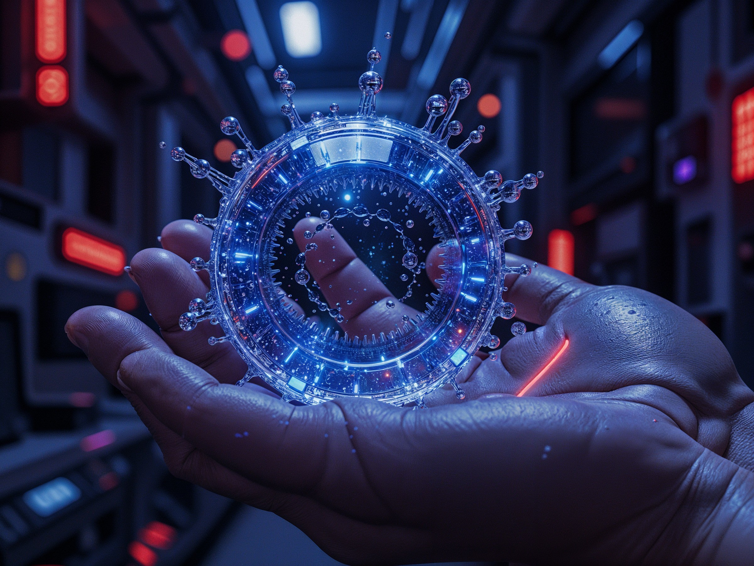 Futuristic Scene with Glowing Sphere and High-Tech Panels