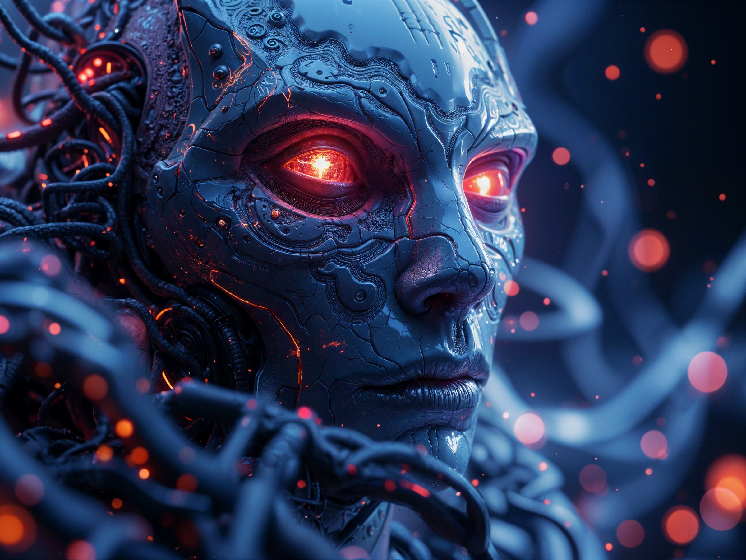 Futuristic humanoid face with metallic details and red eyes