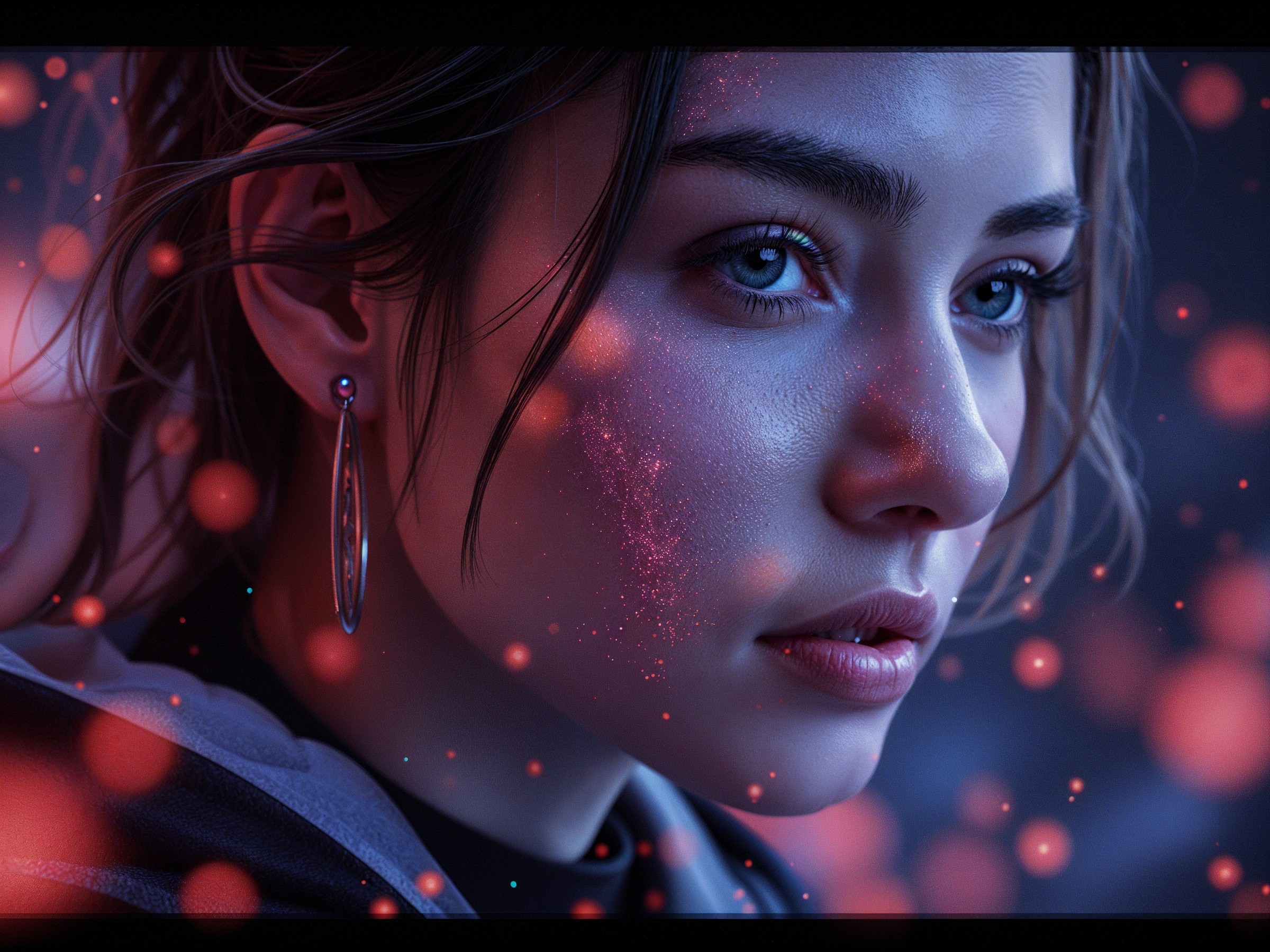 Close-up of a young woman with blue eyes and glowing background