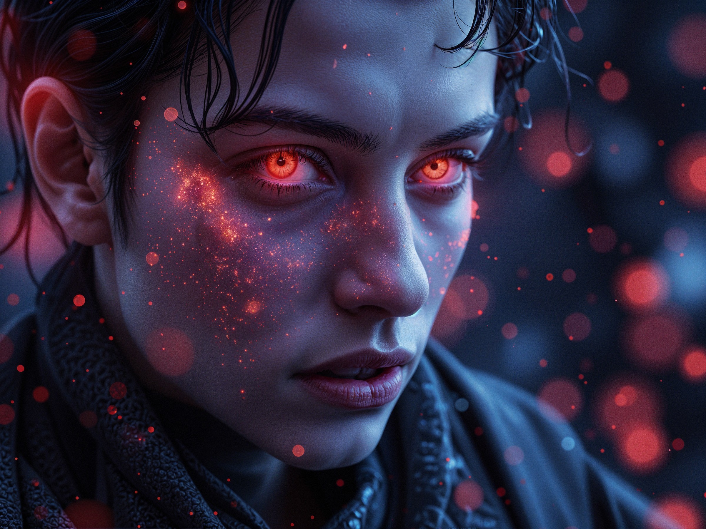 Close-up Portrait of a Young Person with Red Eyes