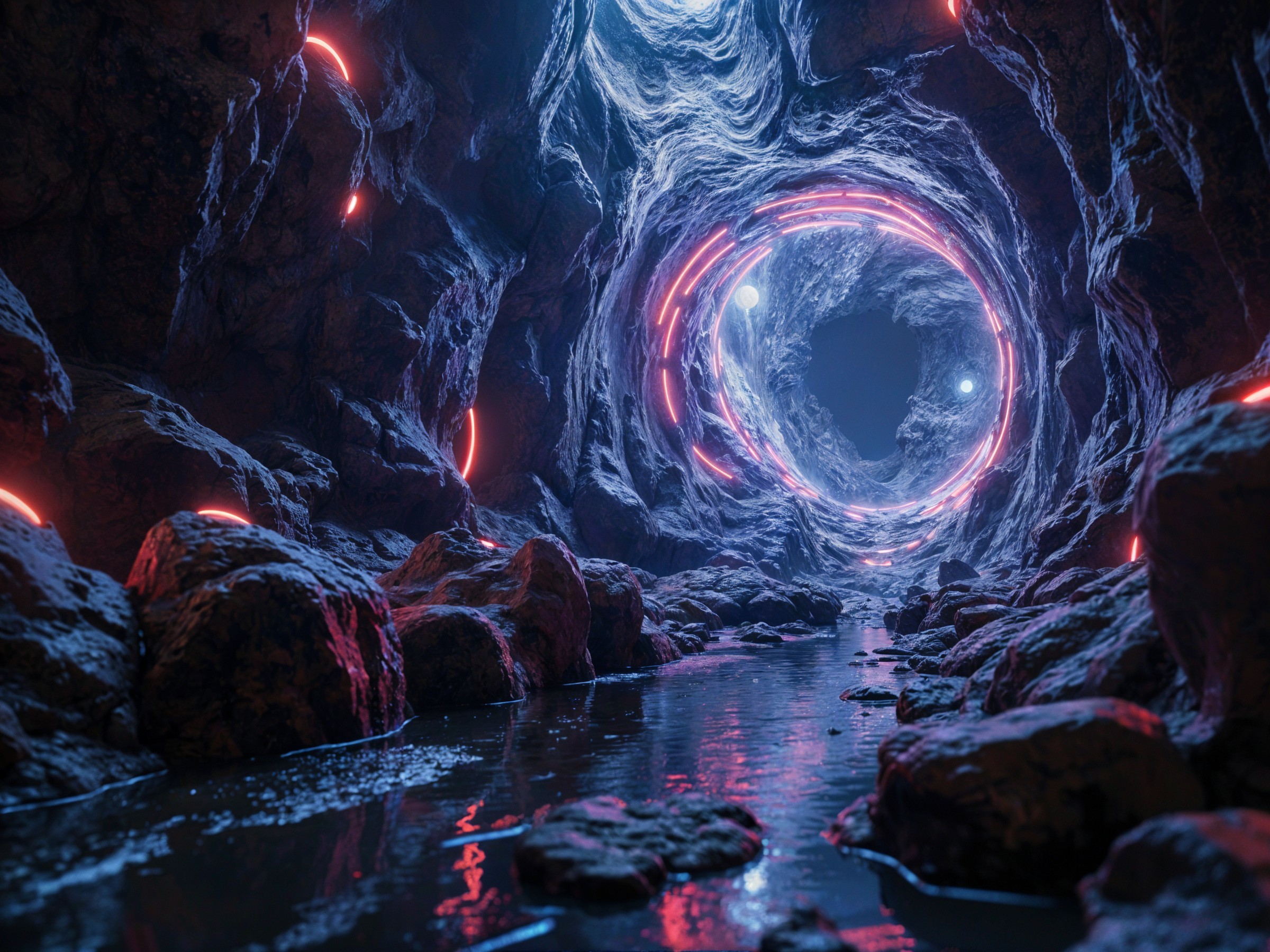 Vividly Lit Cave with Swirling Rock Formations