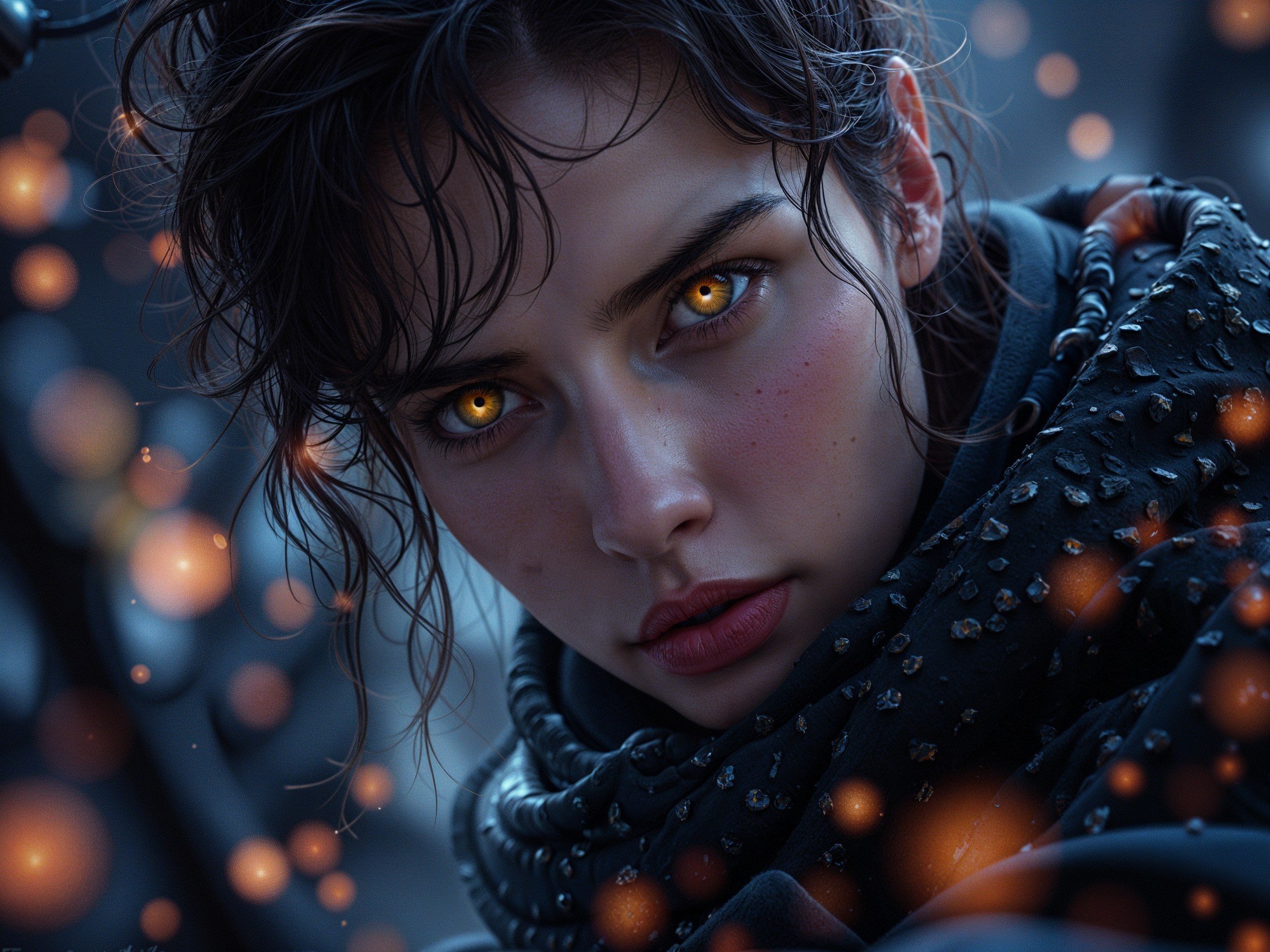 Close-Up of Young Woman with Golden Eyes and Cloak