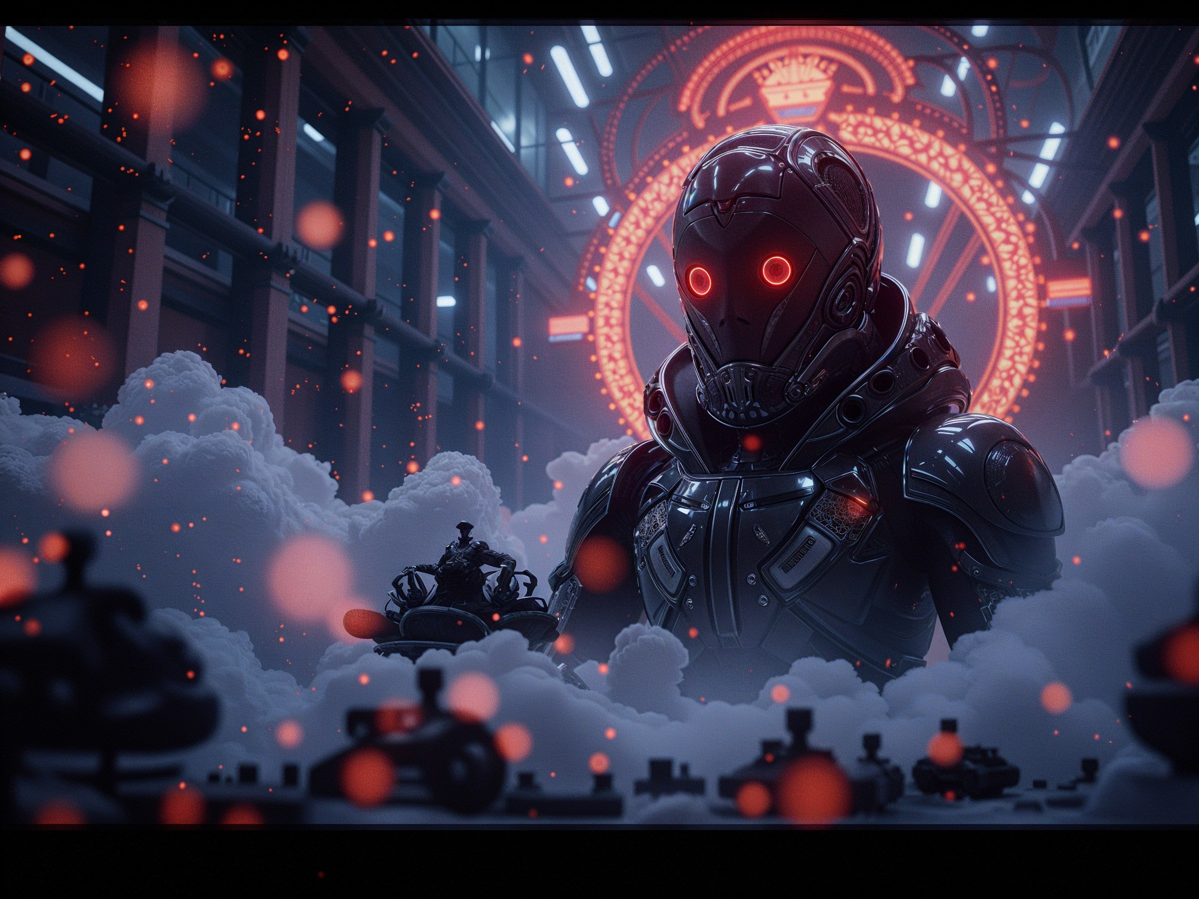 Futuristic Warehouse with Robotic Figure and Mist