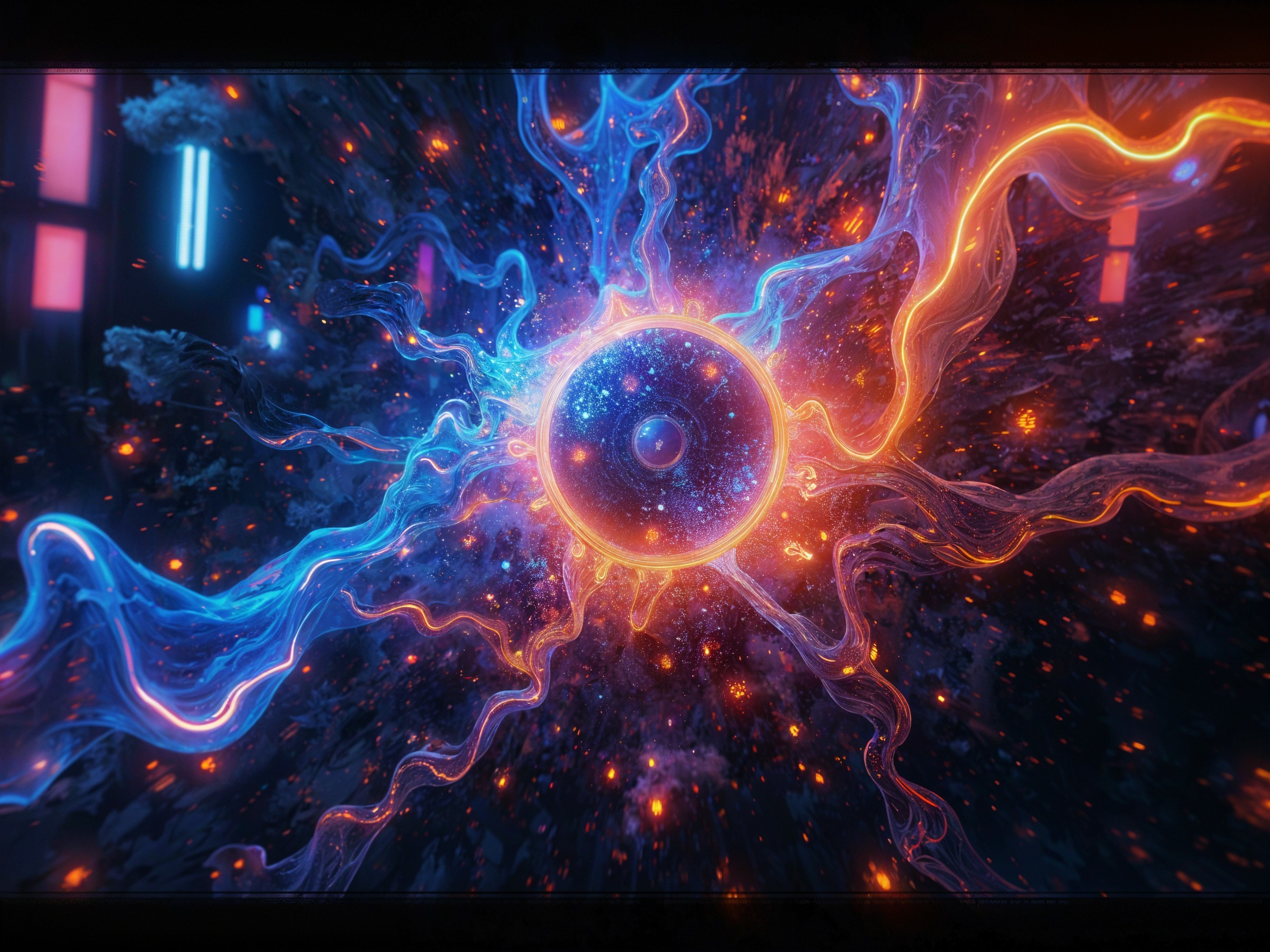 Vibrant Cosmic Scene with Glowing Orb and Energy Tendrils