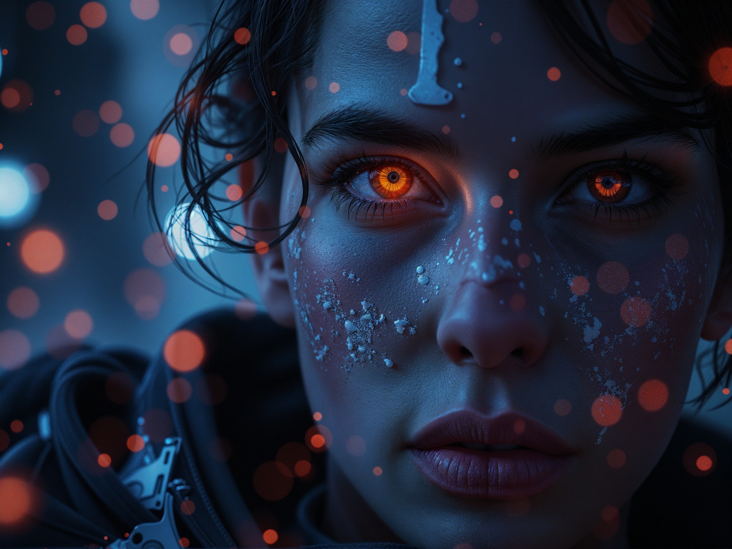 Close-up portrait of a woman with orange eyes and frost patterns