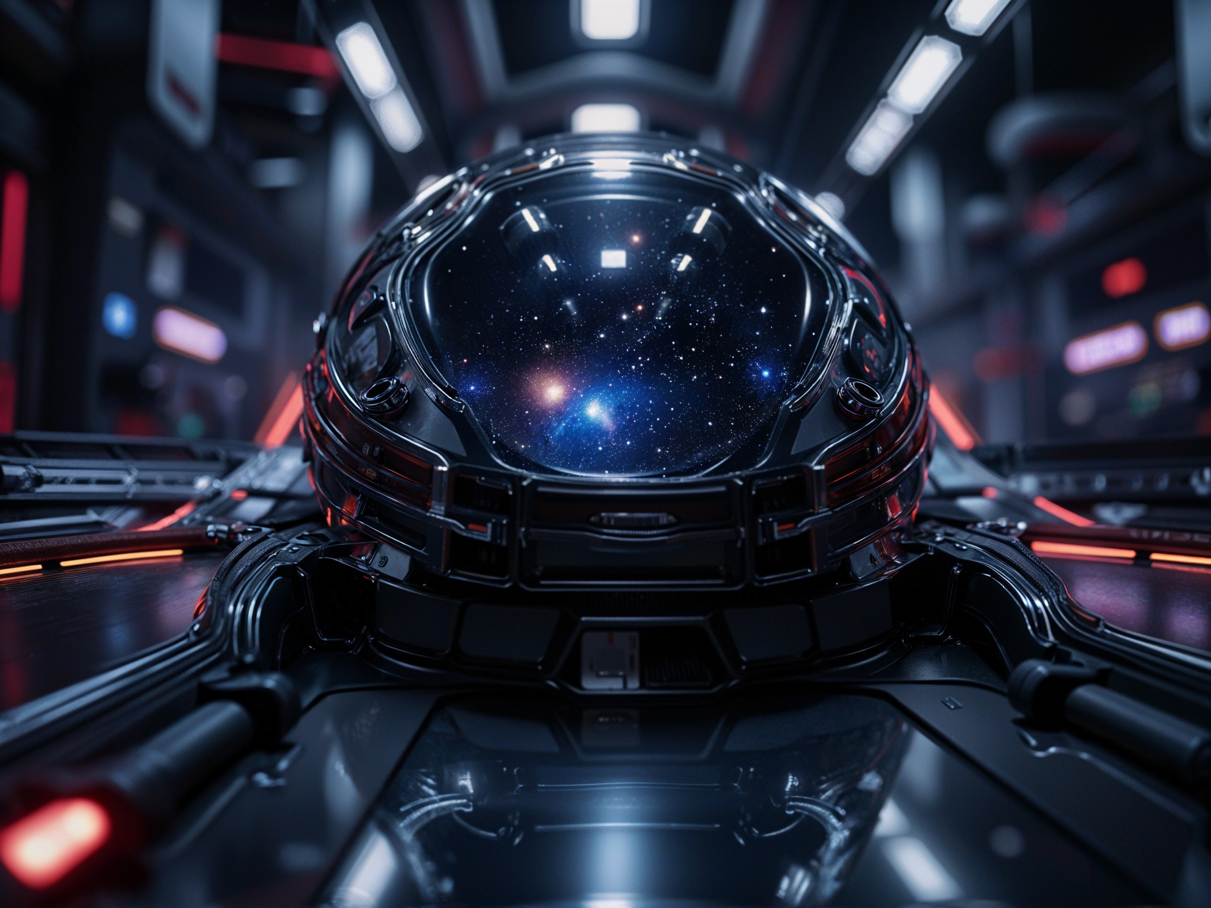 Futuristic spacecraft cockpit with cosmic view and controls