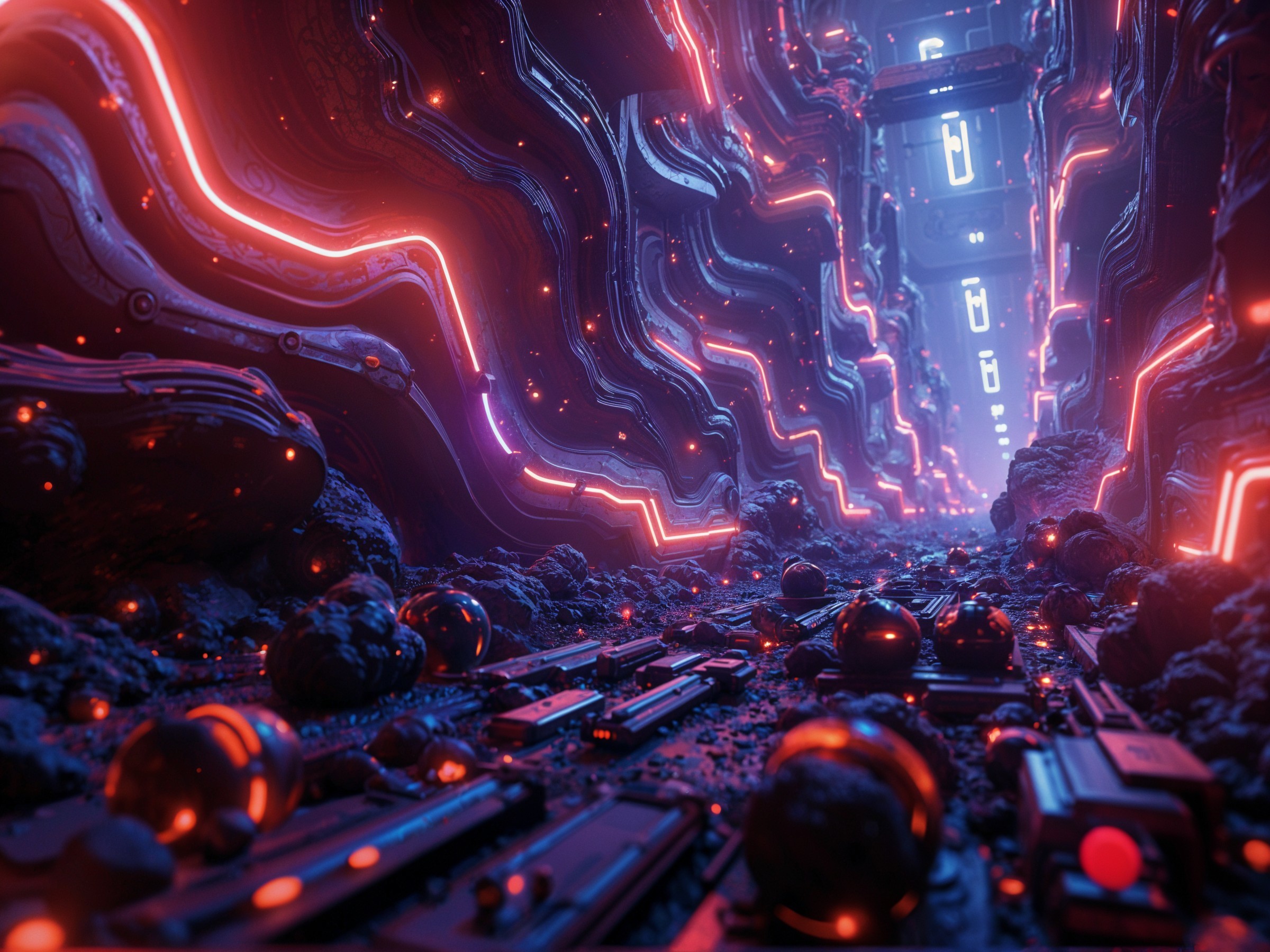 Futuristic Corridor with Neon Colors and Organic Shapes