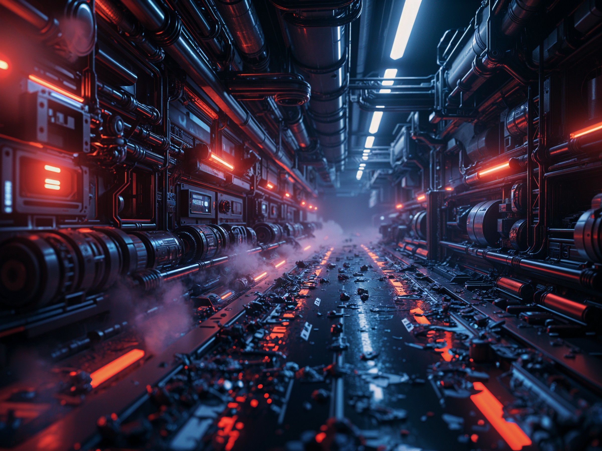 Futuristic Industrial Corridor with Red Lights and Mist