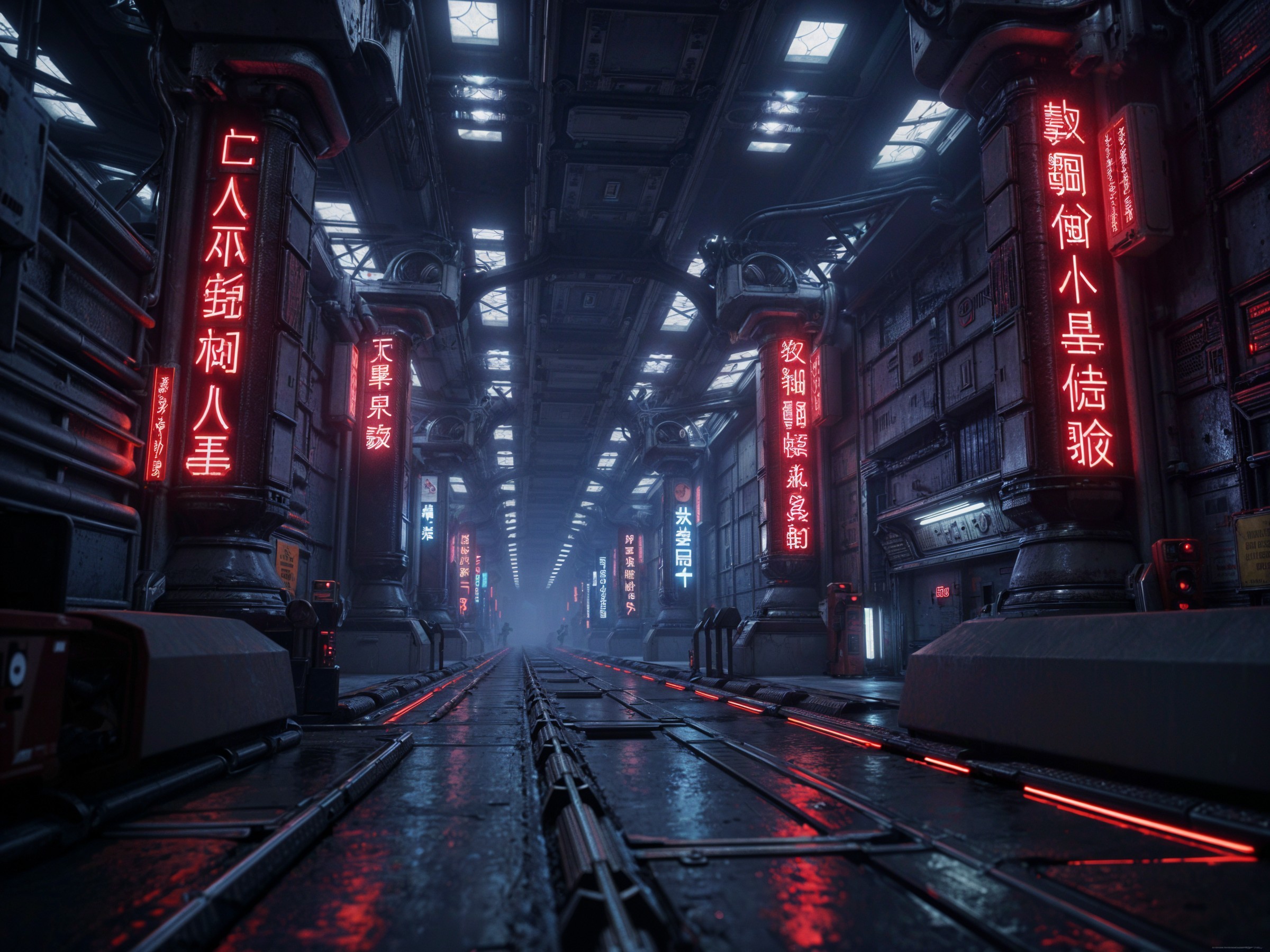 Futuristic Corridor with Neon Signs and Fog Effects