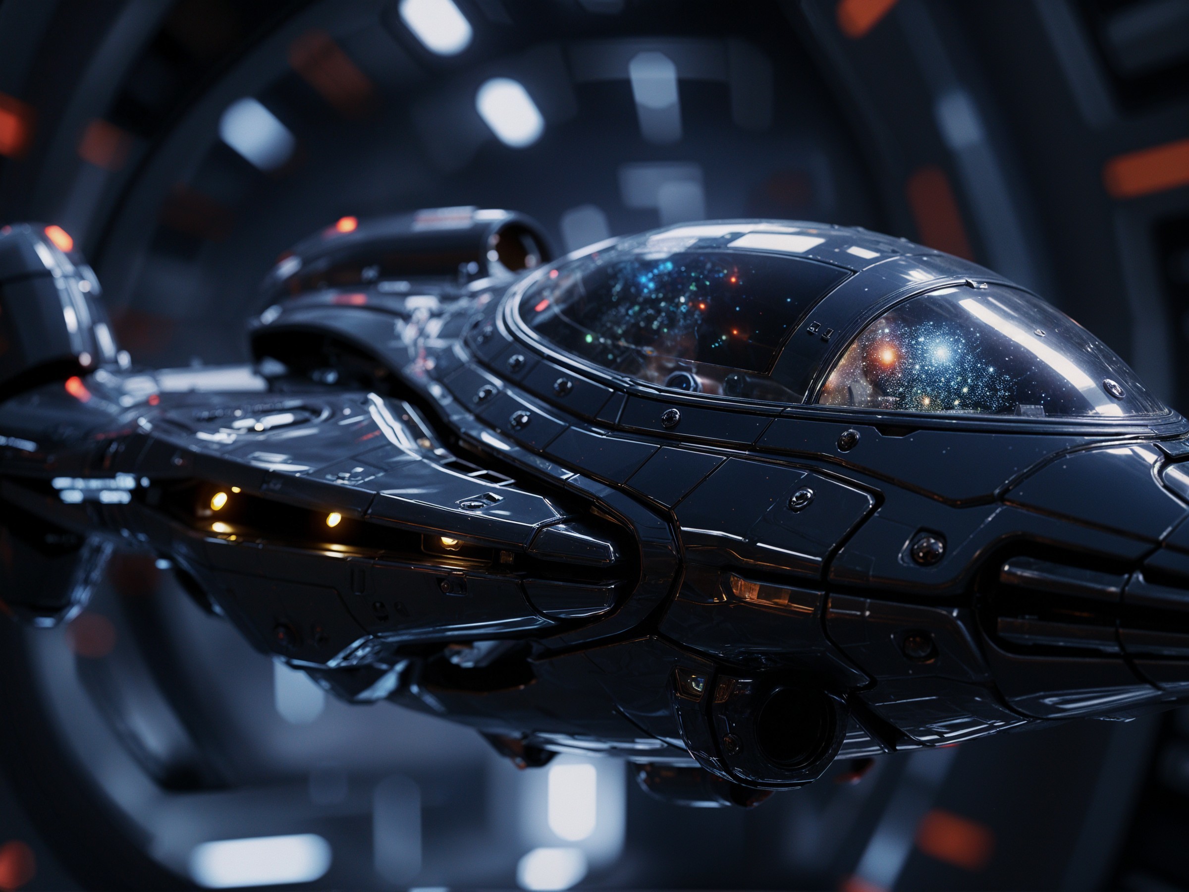 Futuristic spaceship in high-tech tunnel with cosmos views
