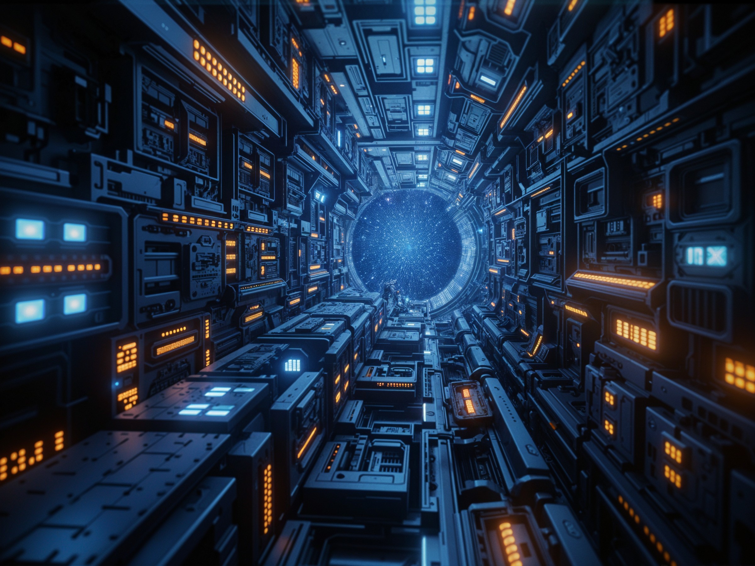 Futuristic Tunnel Interior with Glowing Lights and Portal