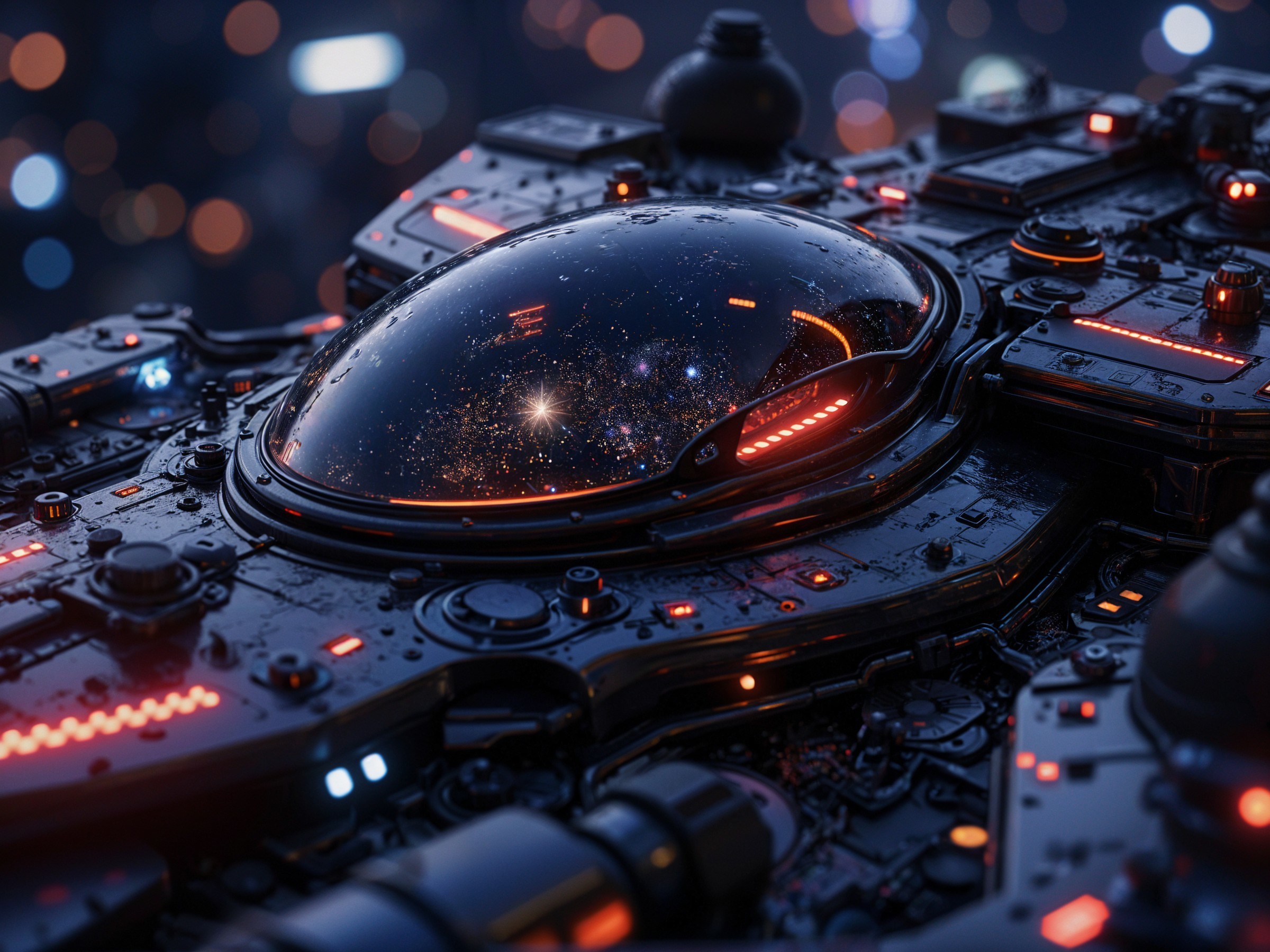 Futuristic spacecraft with glowing details and galaxies
