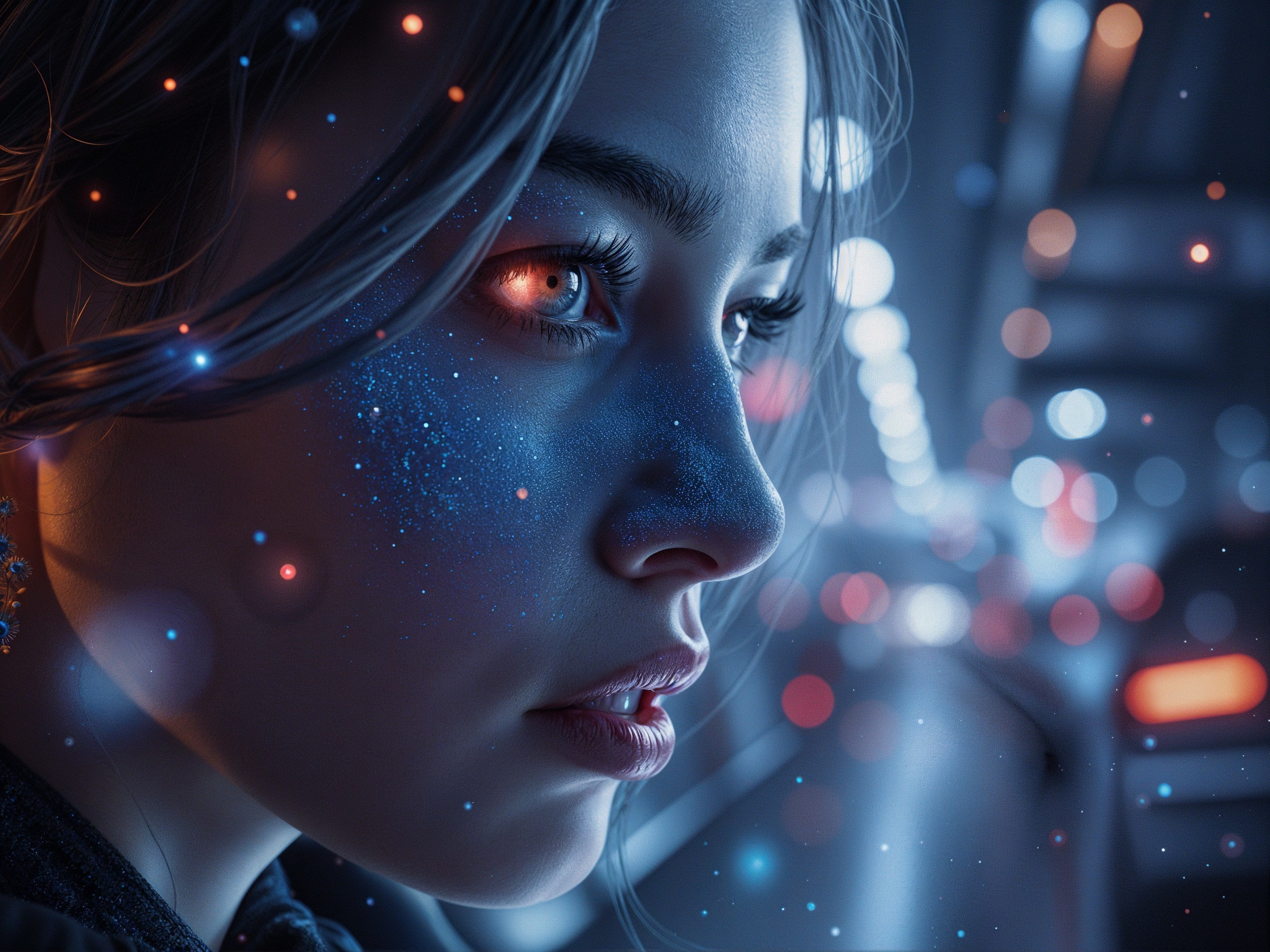Close-up Portrait of a Young Woman with Glitter and Bokeh