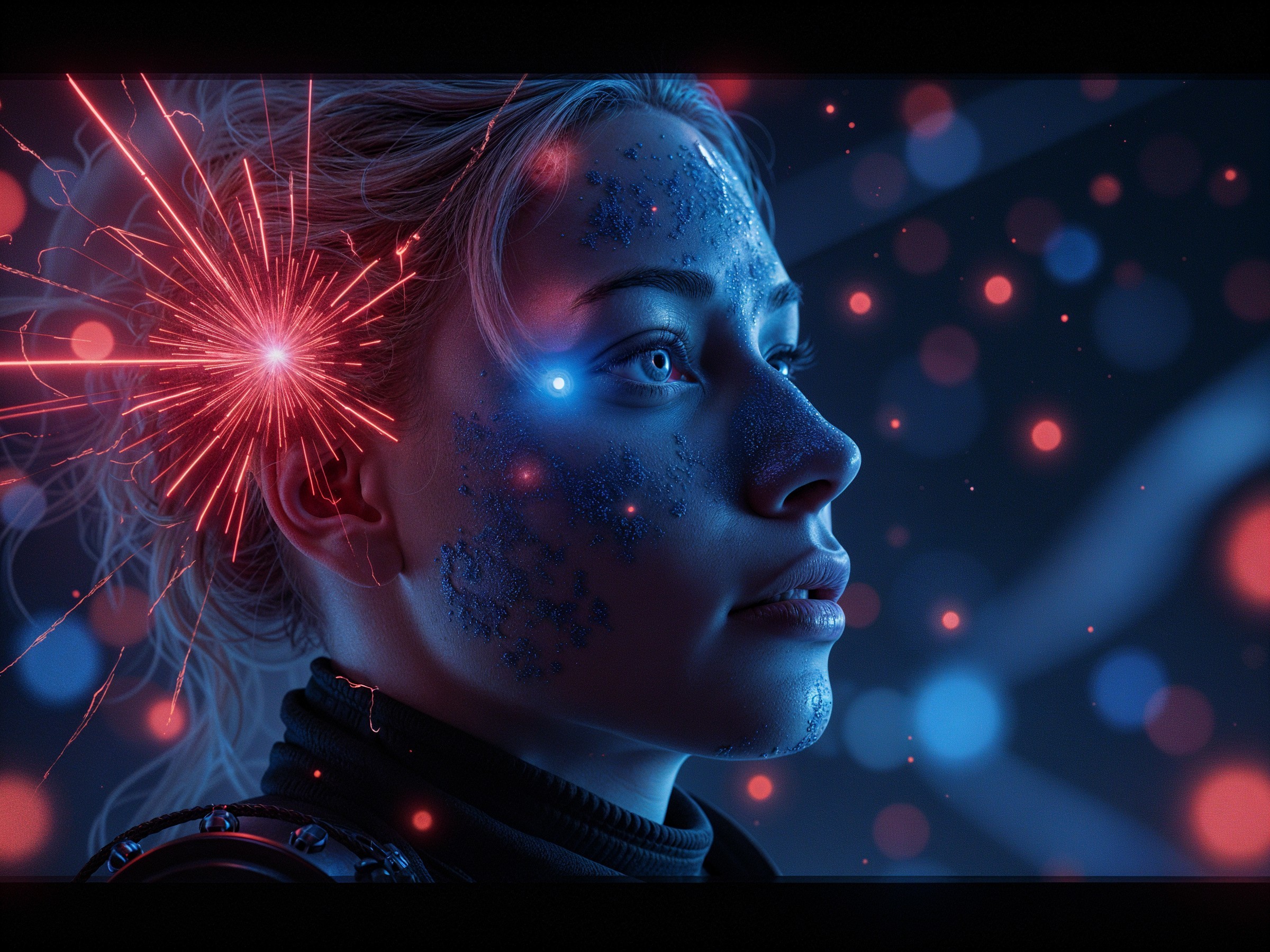 Futuristic Woman with Glitter Patterns in Vibrant Lights