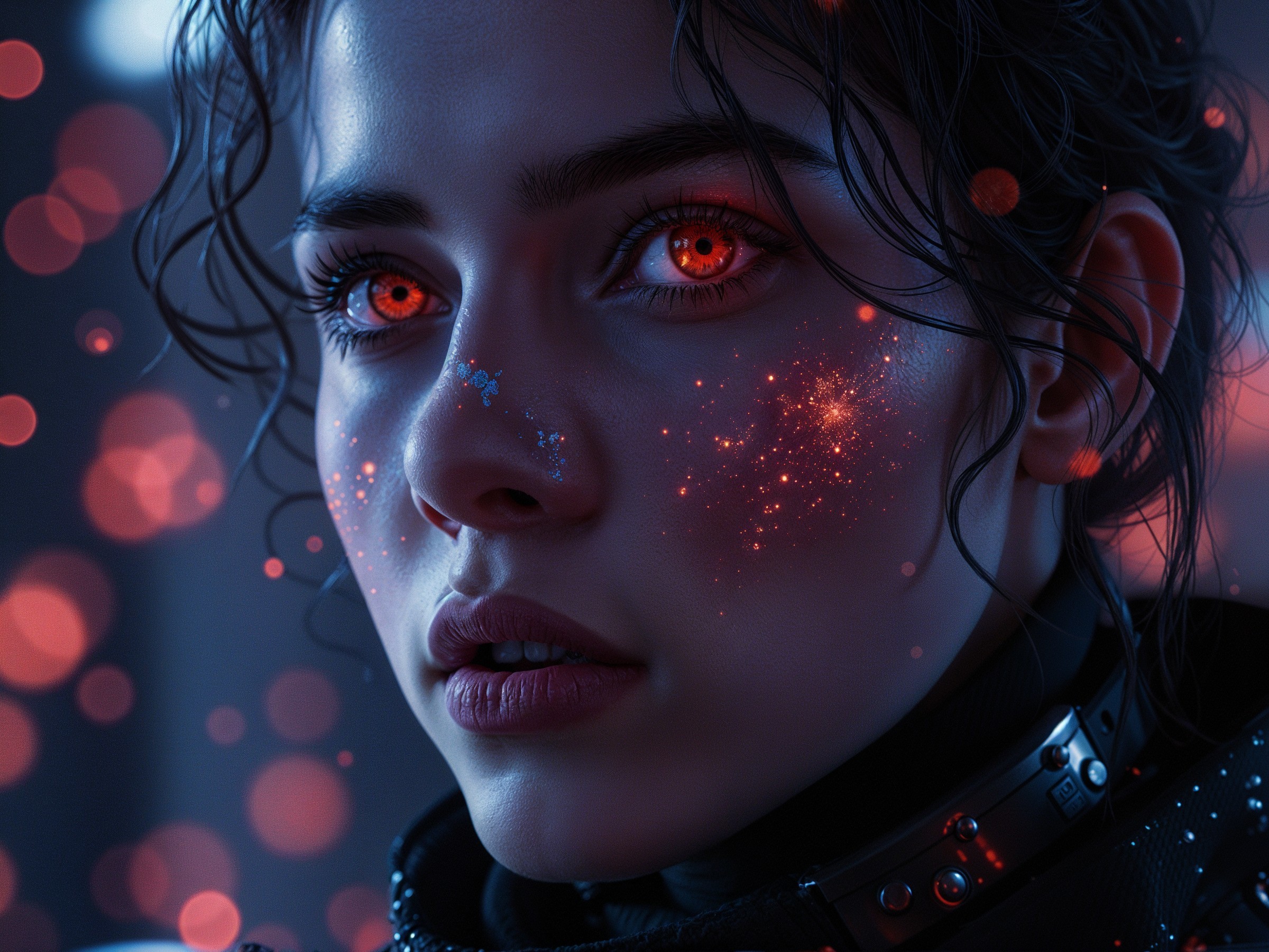 Close-Up Portrait of a Young Woman with Cosmic Features