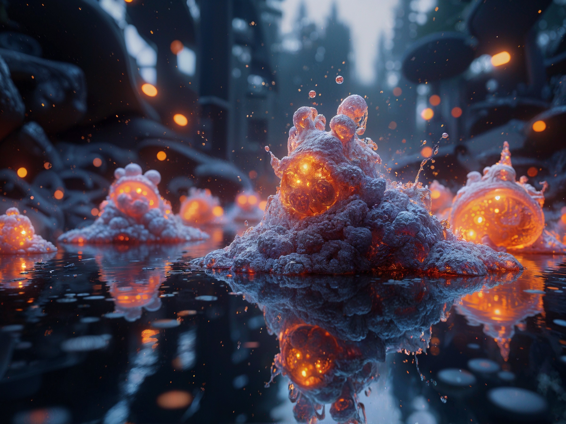 Surreal Landscape with Glowing Bubbly Formations