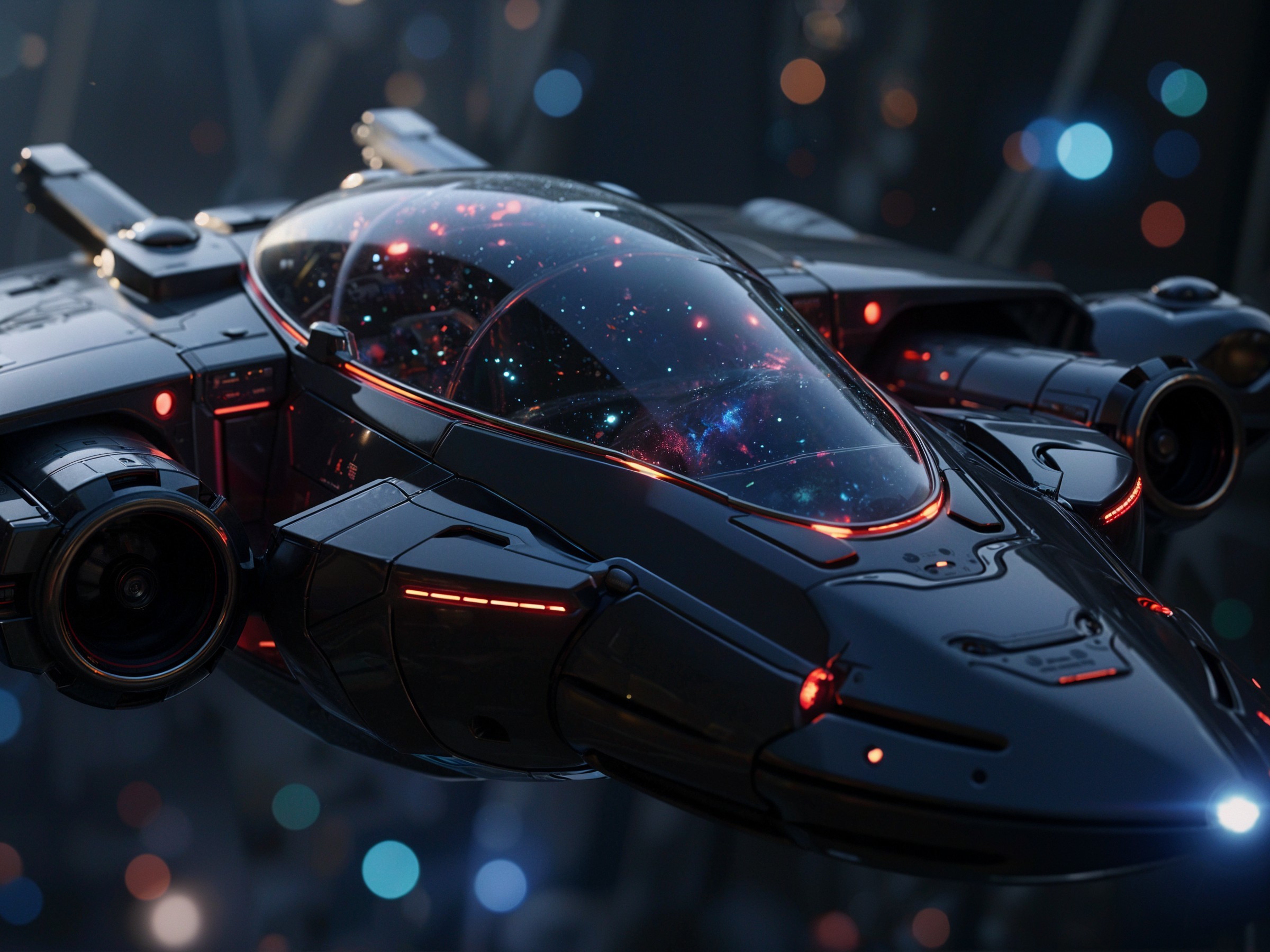 Futuristic spaceship with glossy black exterior and red accents