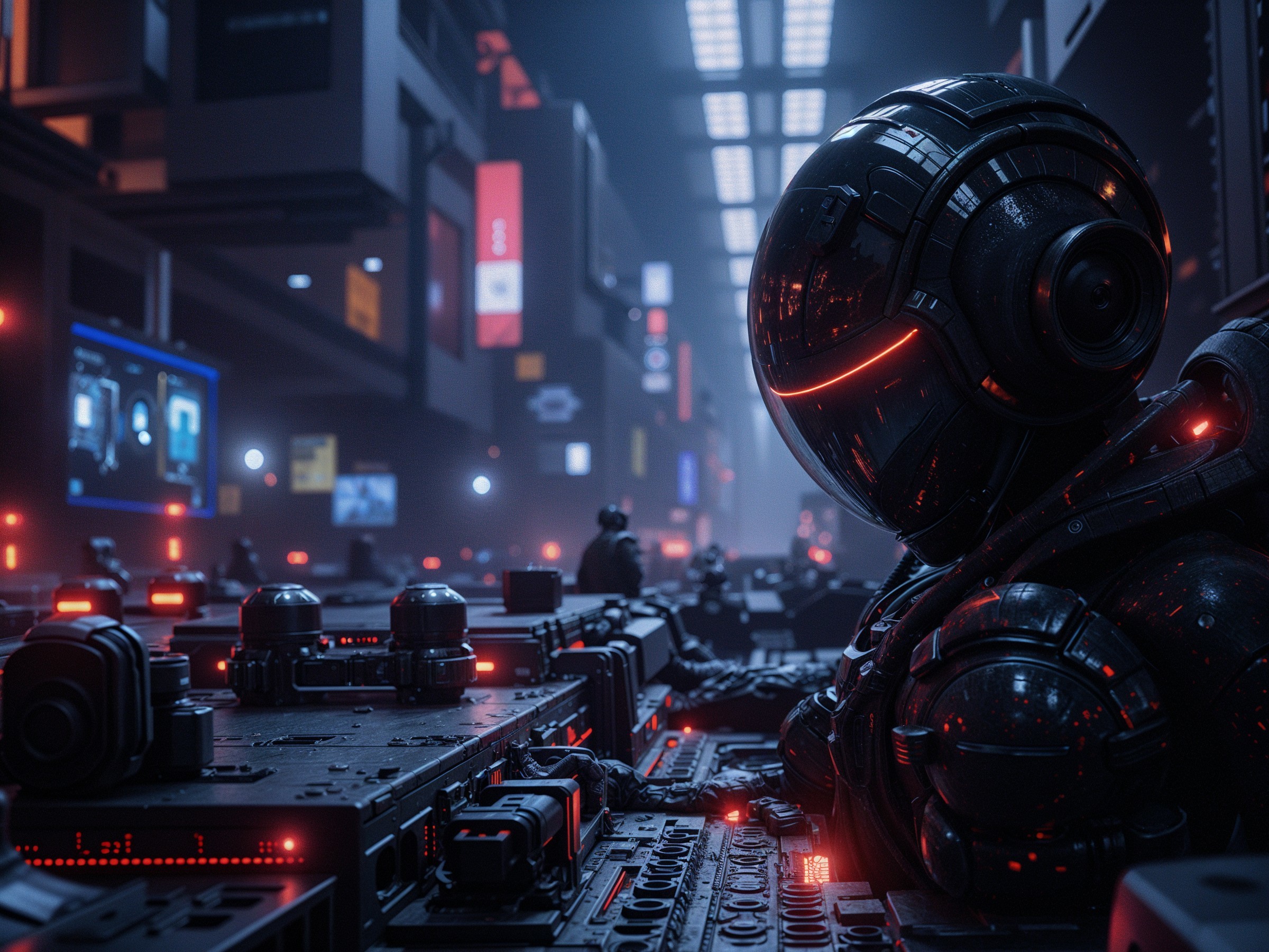 Futuristic Robotic Figure in Neon-Lit Control Station