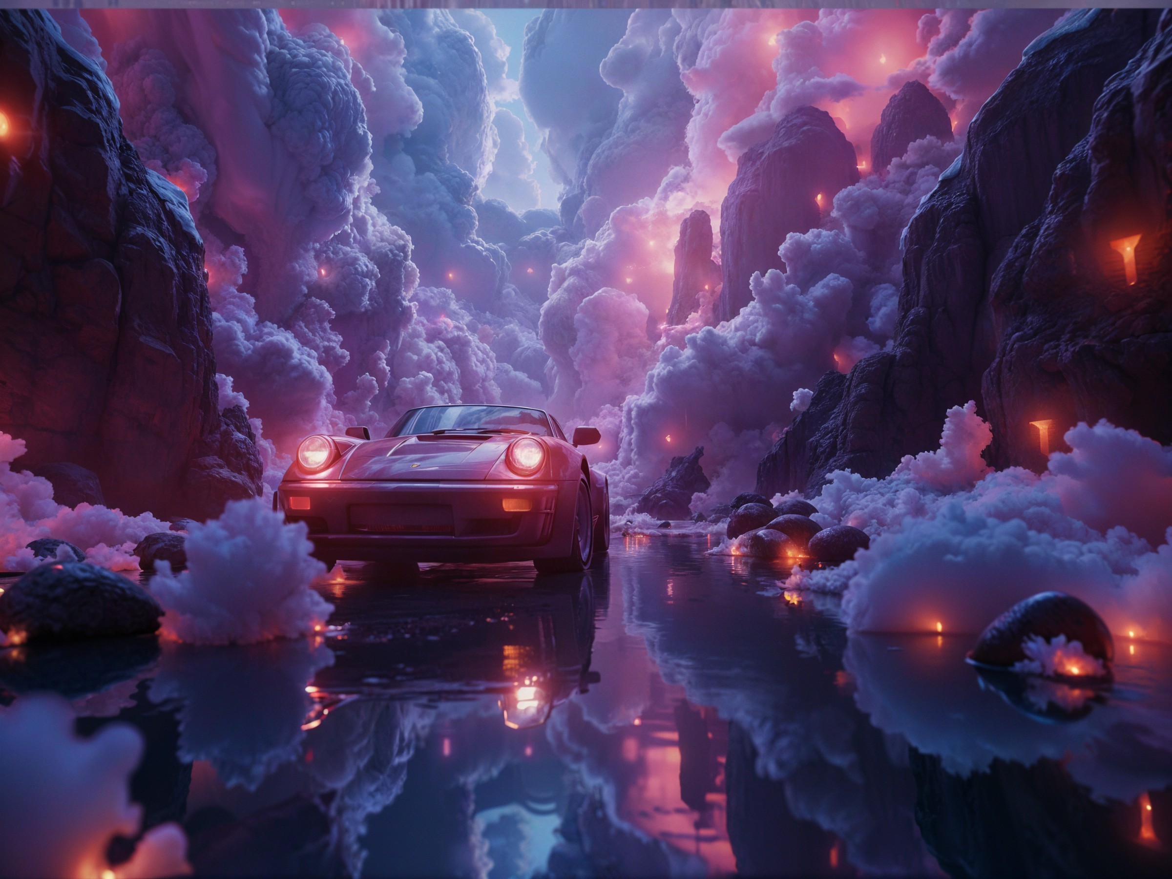 Vibrant Dreamlike Landscape with Classic Car and Clouds