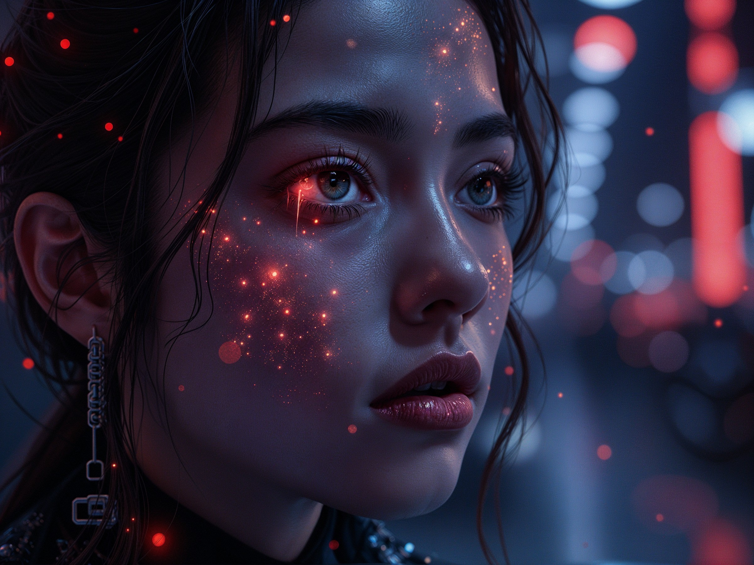 Close-up of a young woman with glowing red accents