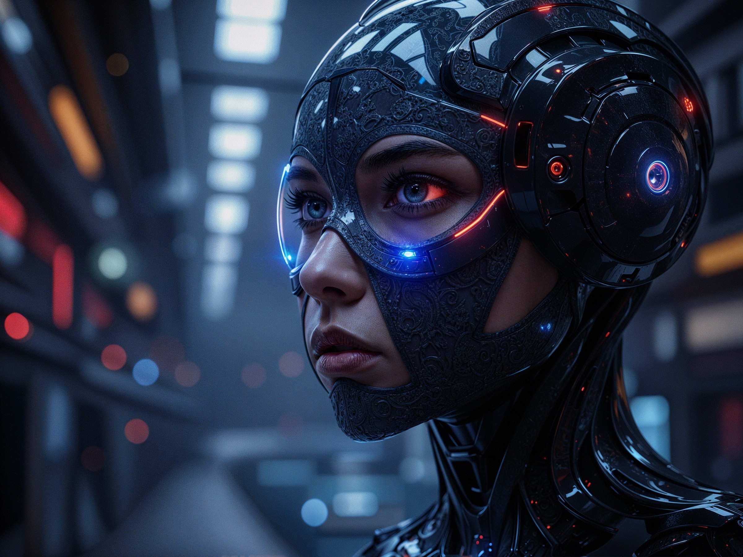 Futuristic humanoid android in high-tech setting