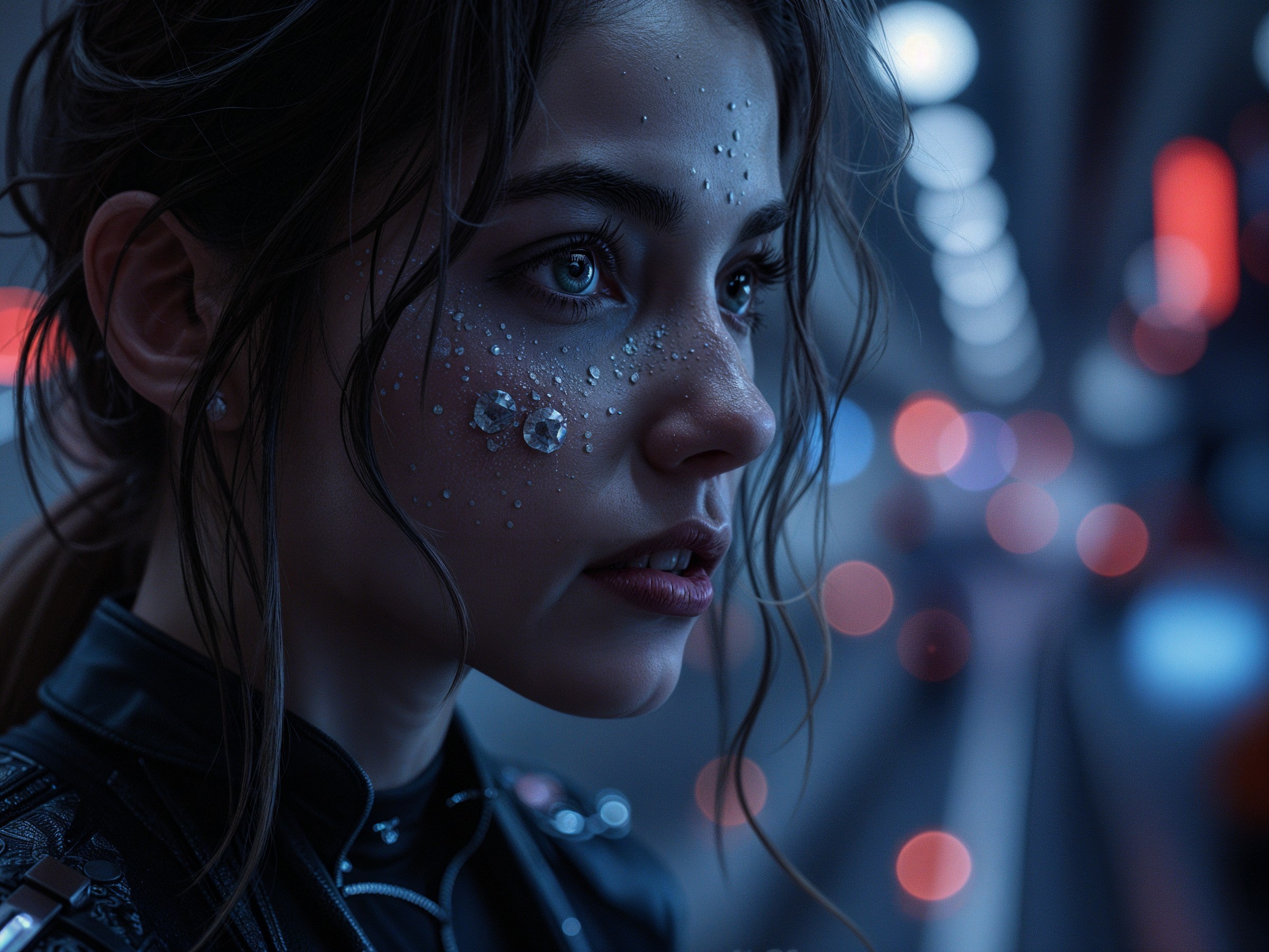 Young Woman in Futuristic Aesthetic with Cyberpunk Background