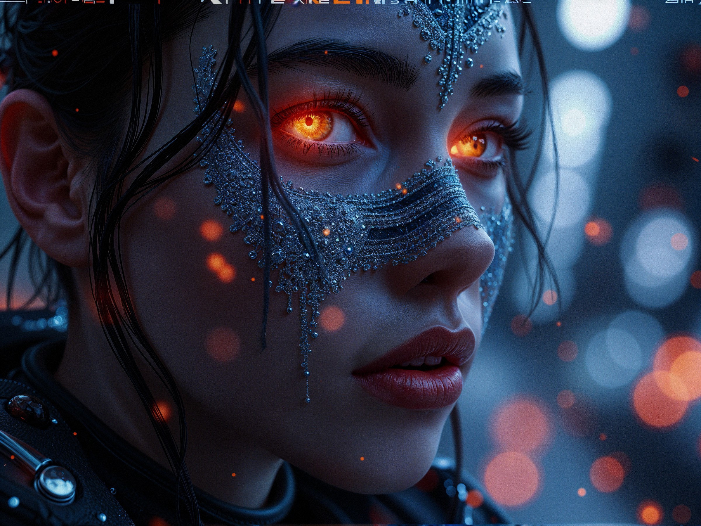 Close-Up of Young Woman with Orange Eyes and Adornments