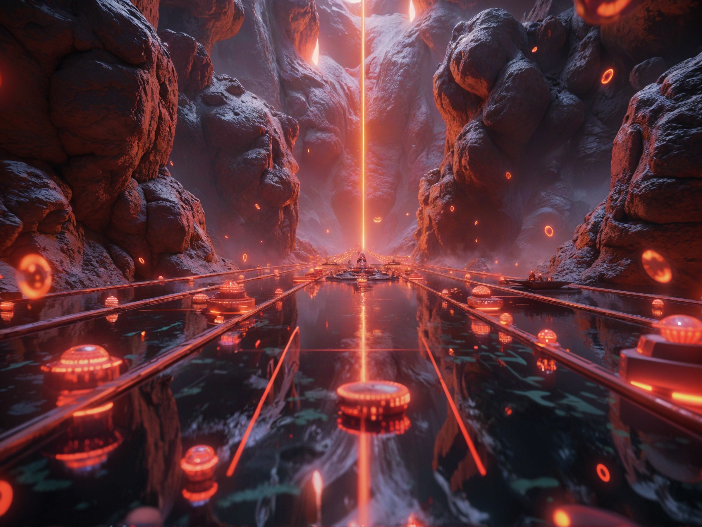 Alien Landscape with Towering Rock Formations and Light