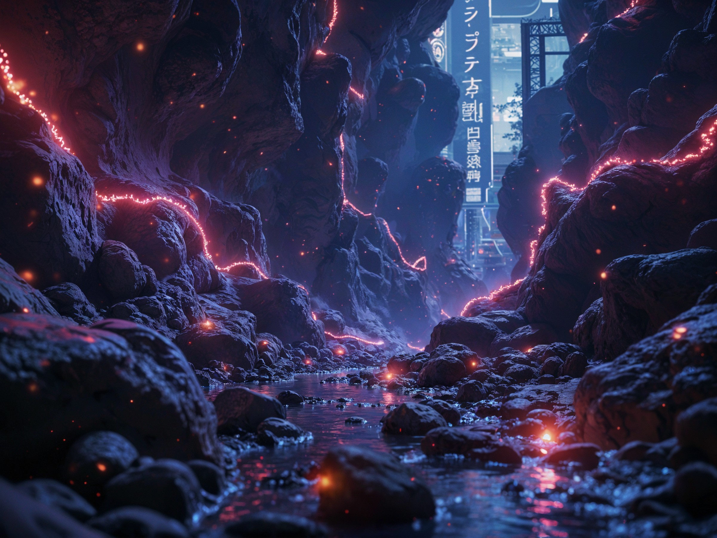 Mystical Cavern with Glowing Lava and Ethereal Lights