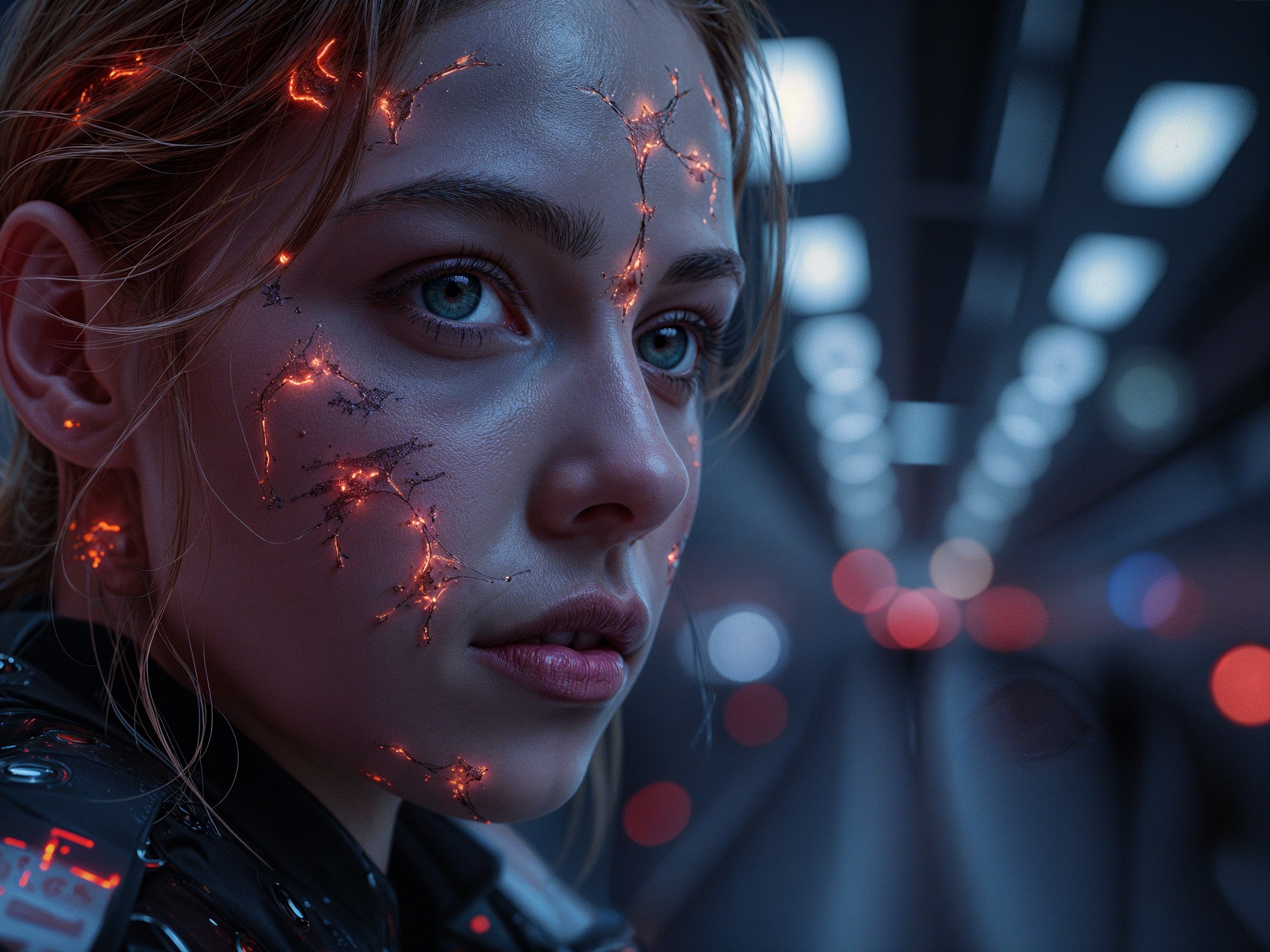 Close-Up Portrait of a Young Woman with Circuit Patterns
