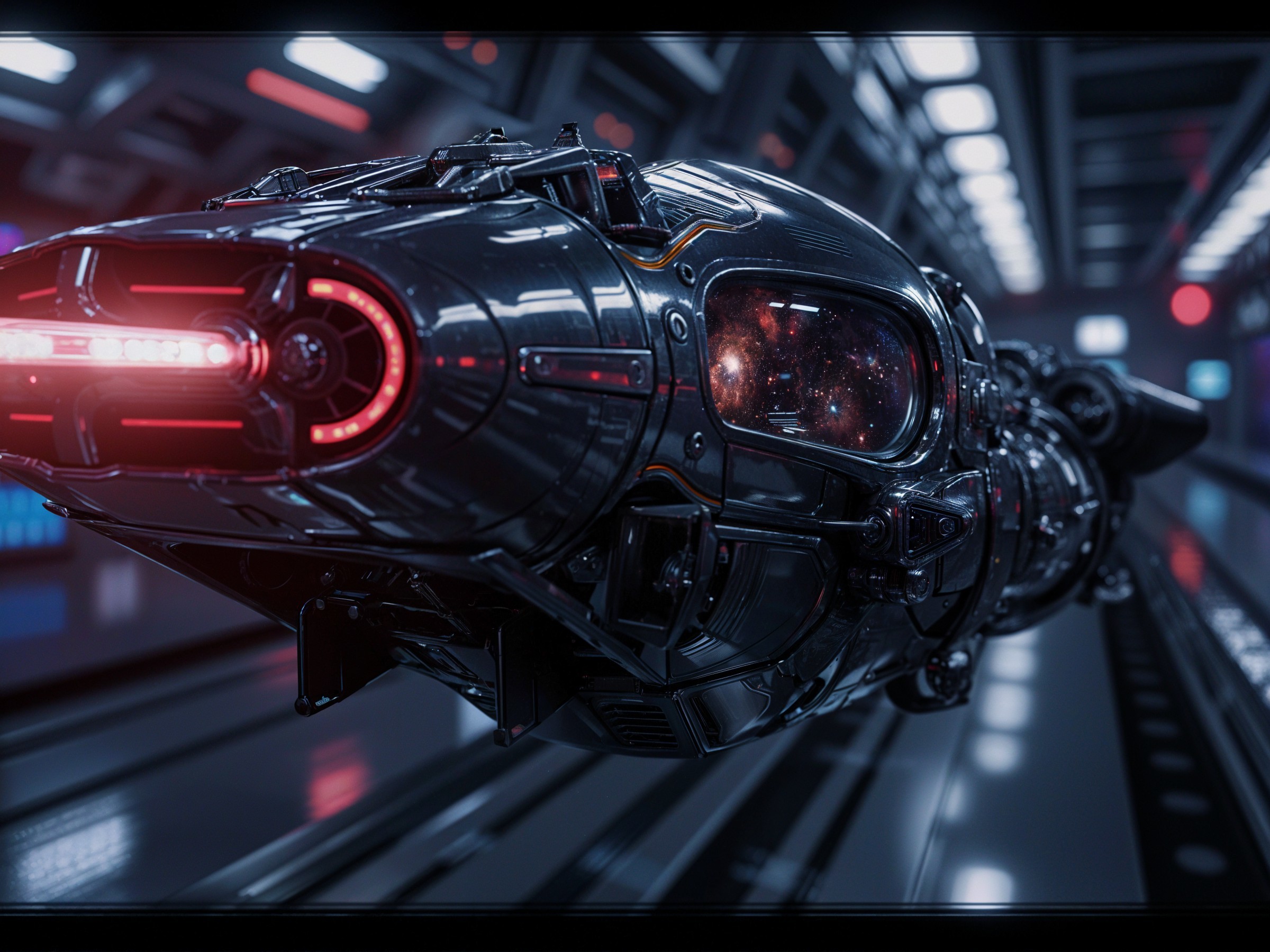 Futuristic spaceship in a high-tech space station