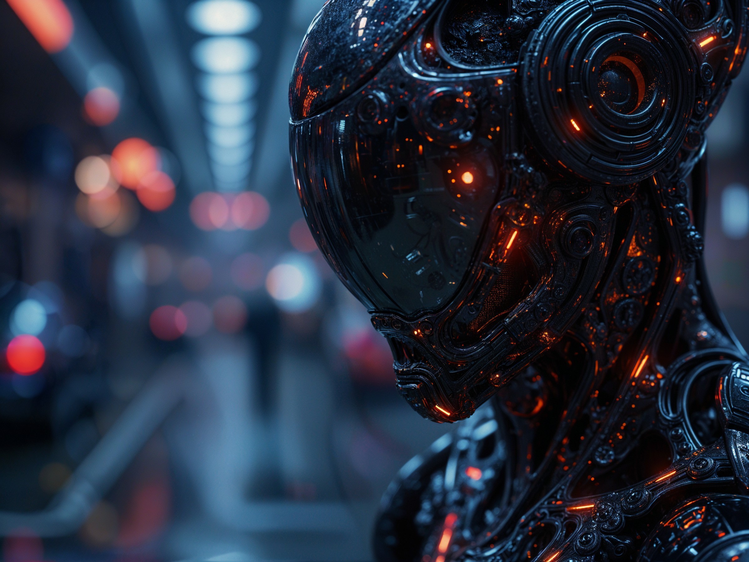 Futuristic Robotic Figure in Dimly Lit Urban Setting