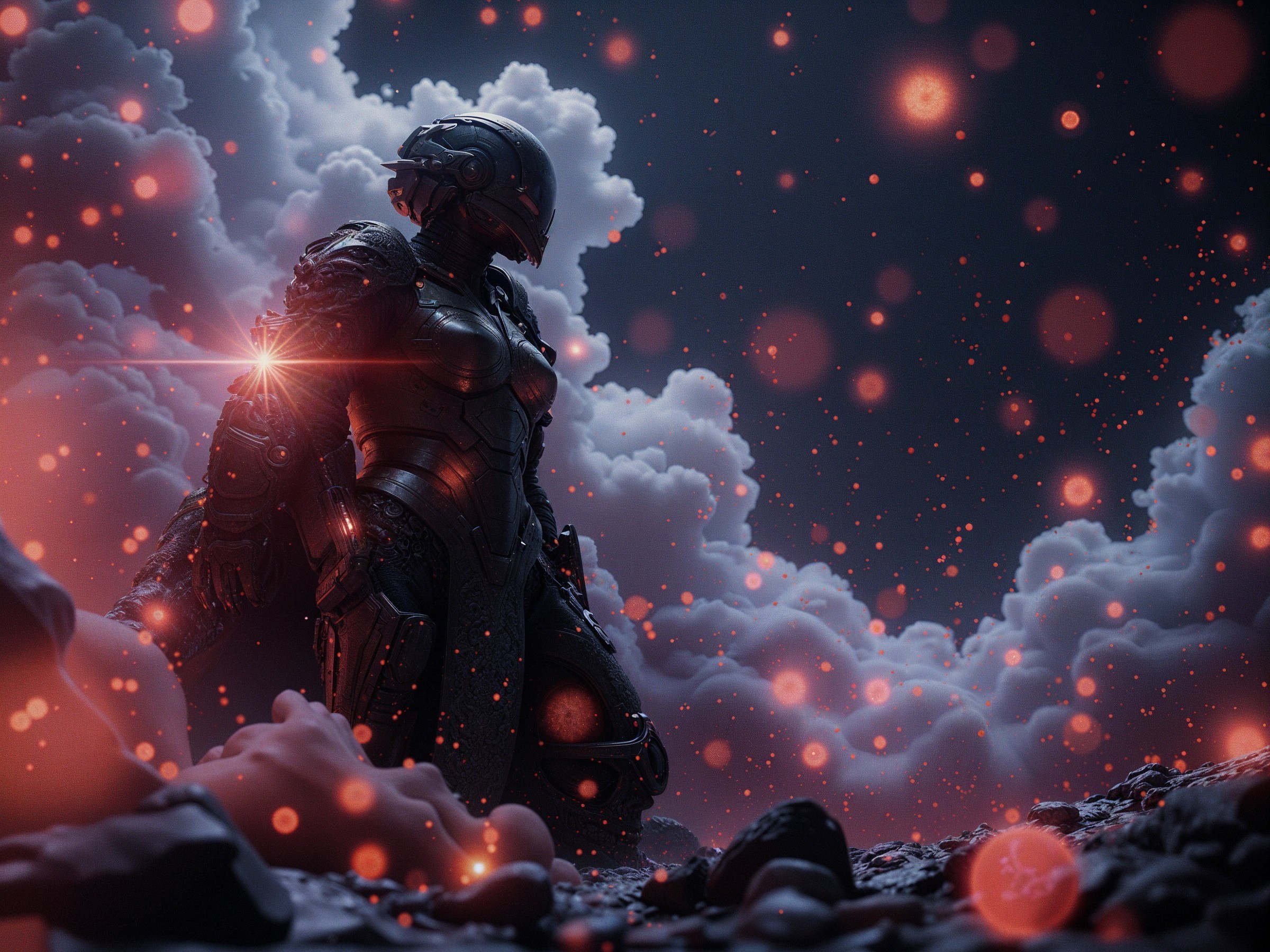 Futuristic Armored Figure in Ethereal Landscape