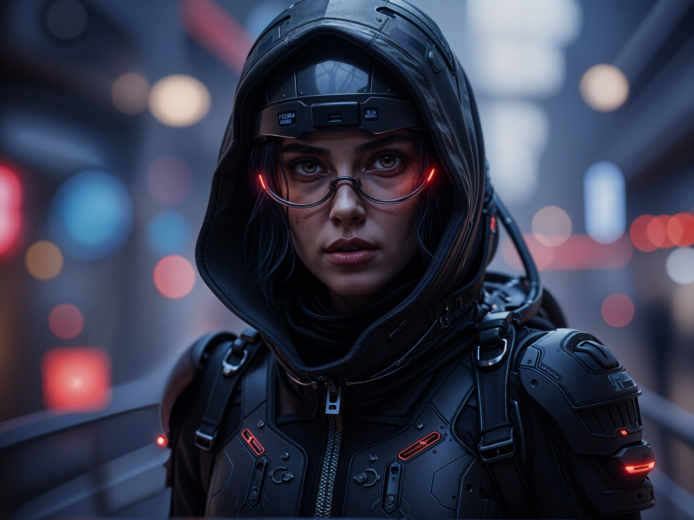Futuristic Woman in High-Tech Black Outfit in Cyberpunk City